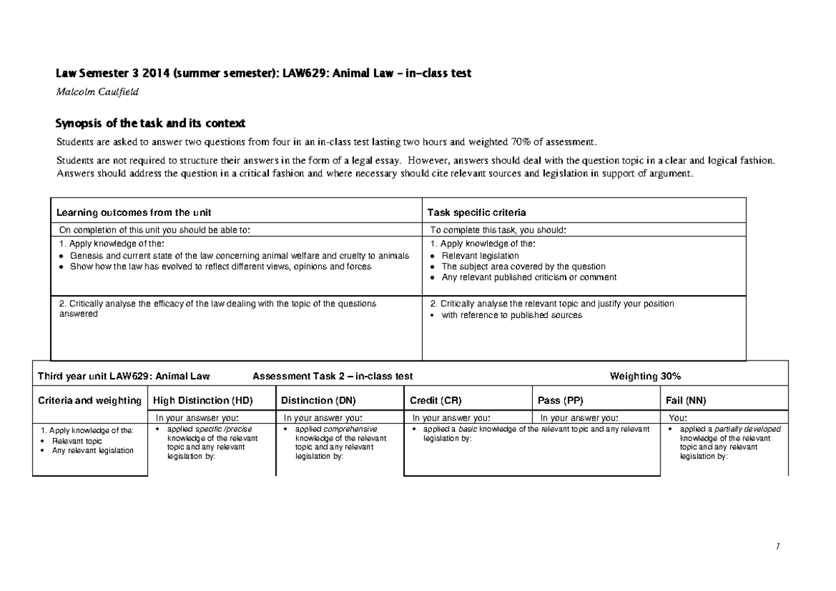 Criteria sheet for in class test 1 Law Semester 3 2 01 4 (summer