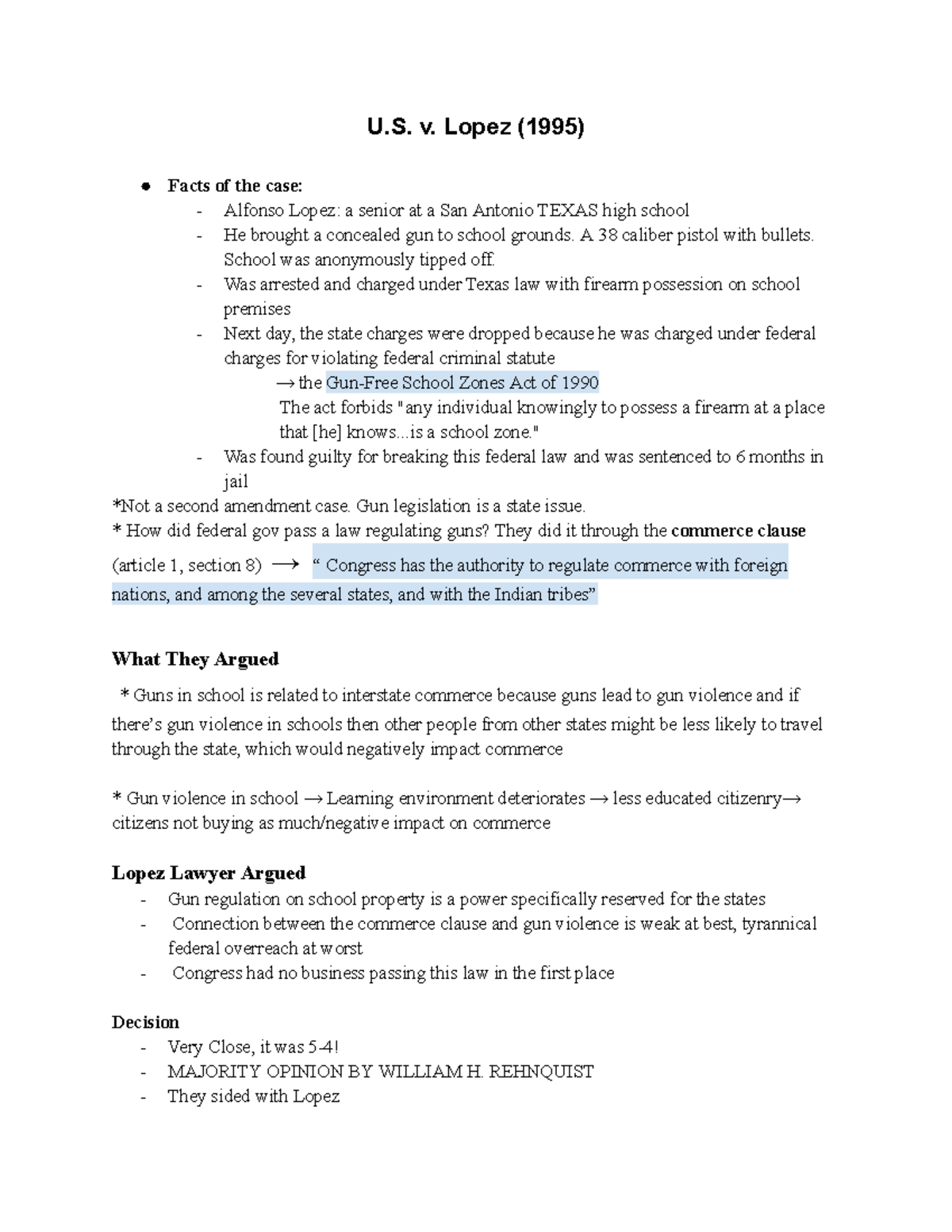 Case Brief— US V. Lopez US V. Morrinson Gonzalez v. Raich - U. v. Lopez ...