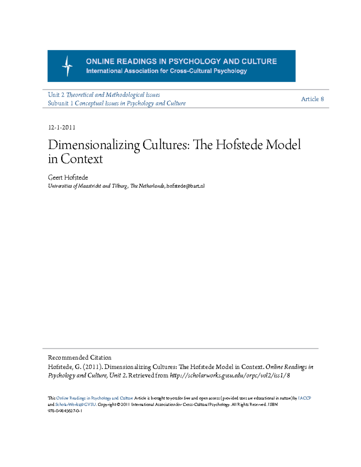 Dimensionalizing Cultures - The Hofstede Model in Context - 1Ba3 ...