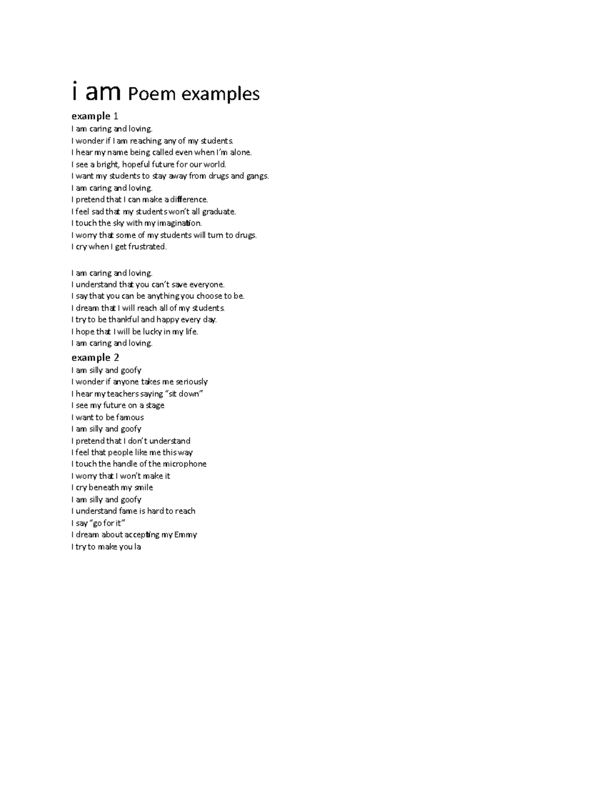 i am Poem examples example 1 I am caring and loving. I wonder if I am ...