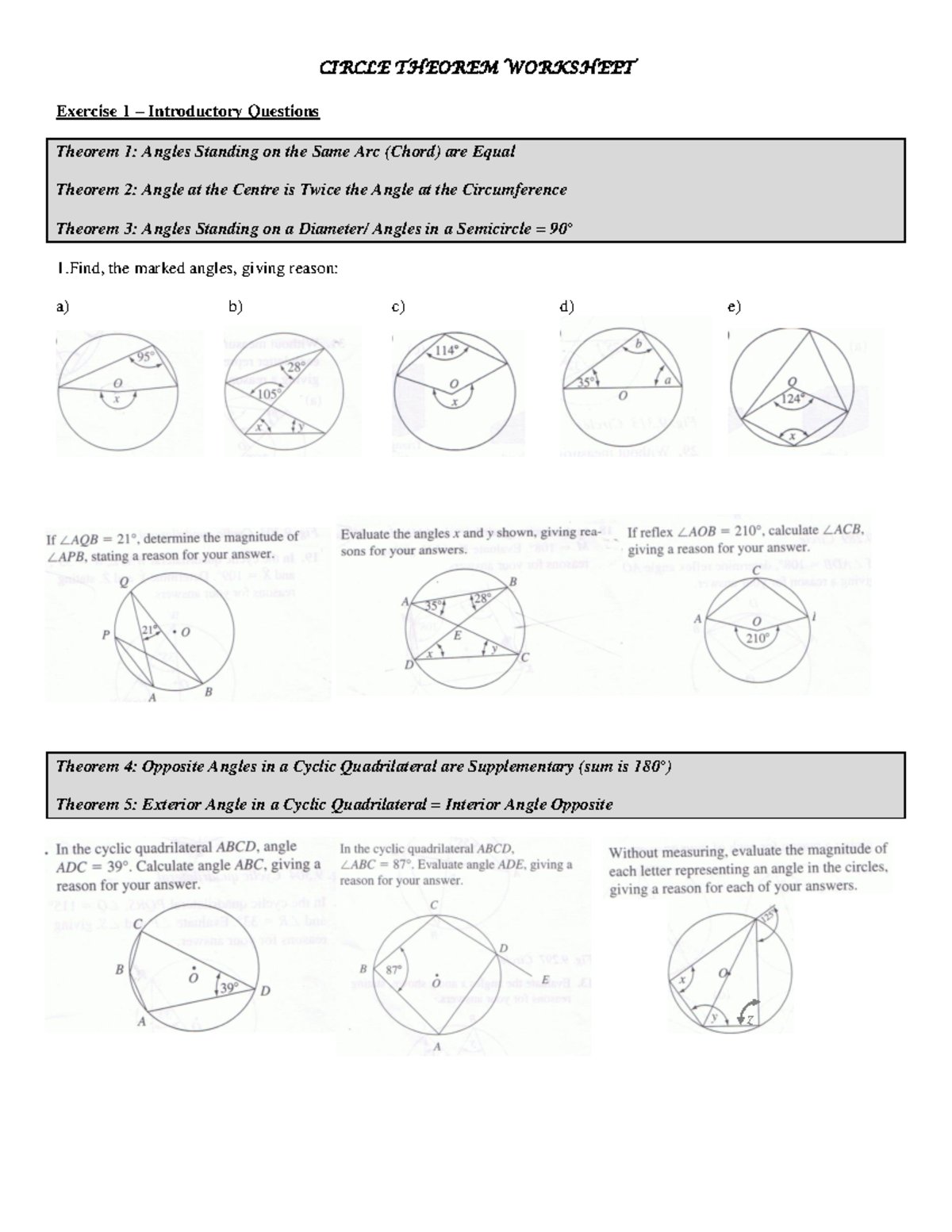 Circle theorem worksheet - CIRCLE THEOREM WORKSHEET Exercise 1 ...