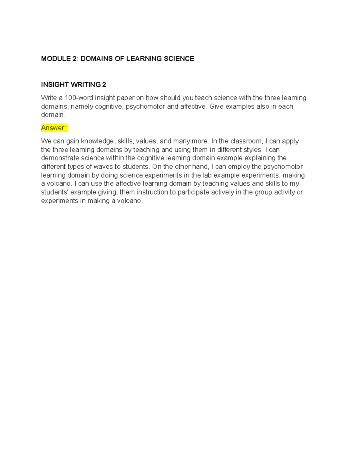 Insight Writing 2 - A simple idea about the topic - MODULE 2: DOMAINS ...
