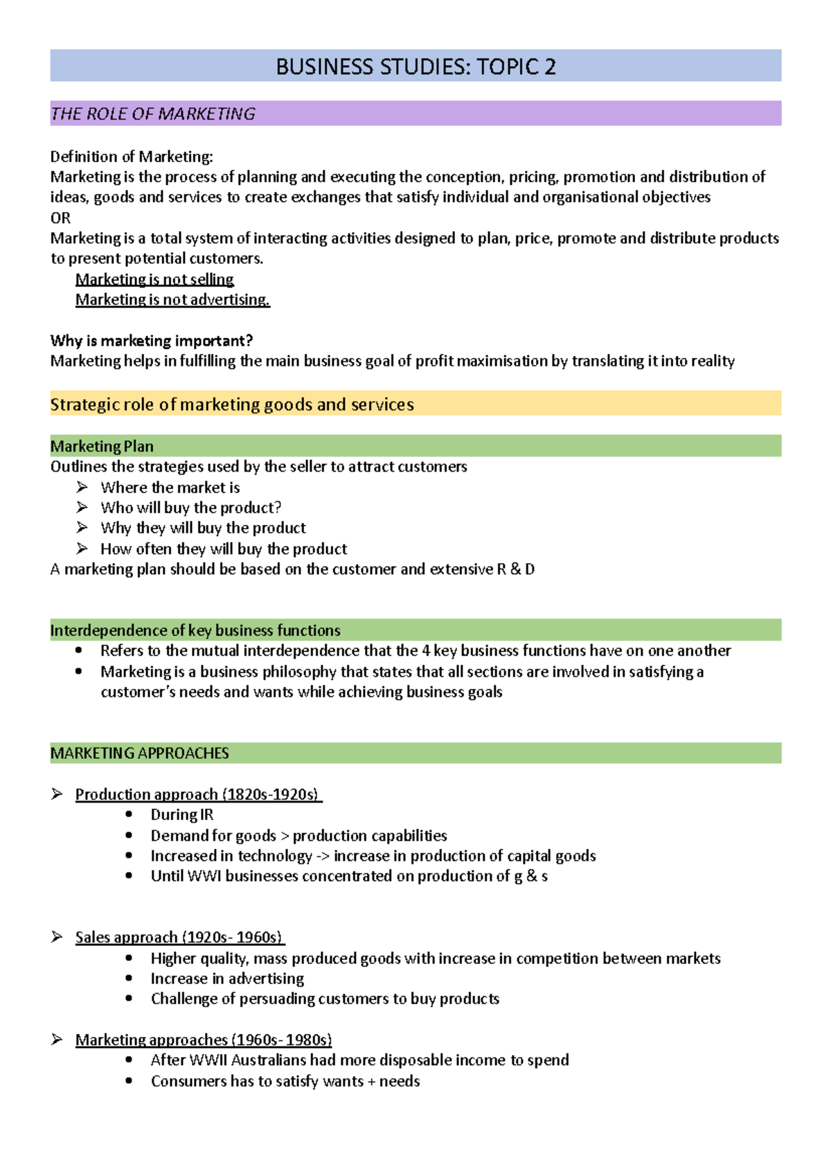 Business Studies Topic 2-Marketing - BUSINESS STUDIES: TOPIC 2 THE ROLE ...