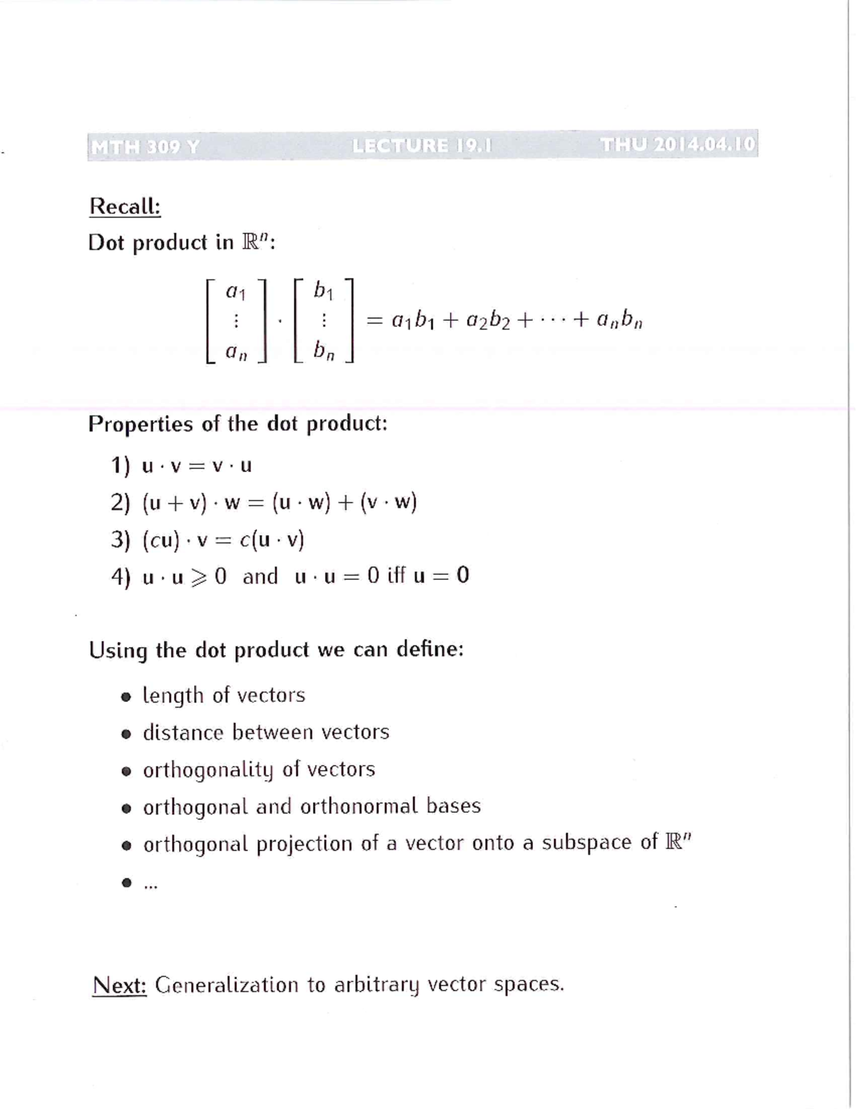 Lecture Notes Lecture 19 Annotated Recall Dot Product In 01 B1 2 02b2 Anbn An Bn Properties Of Studocu