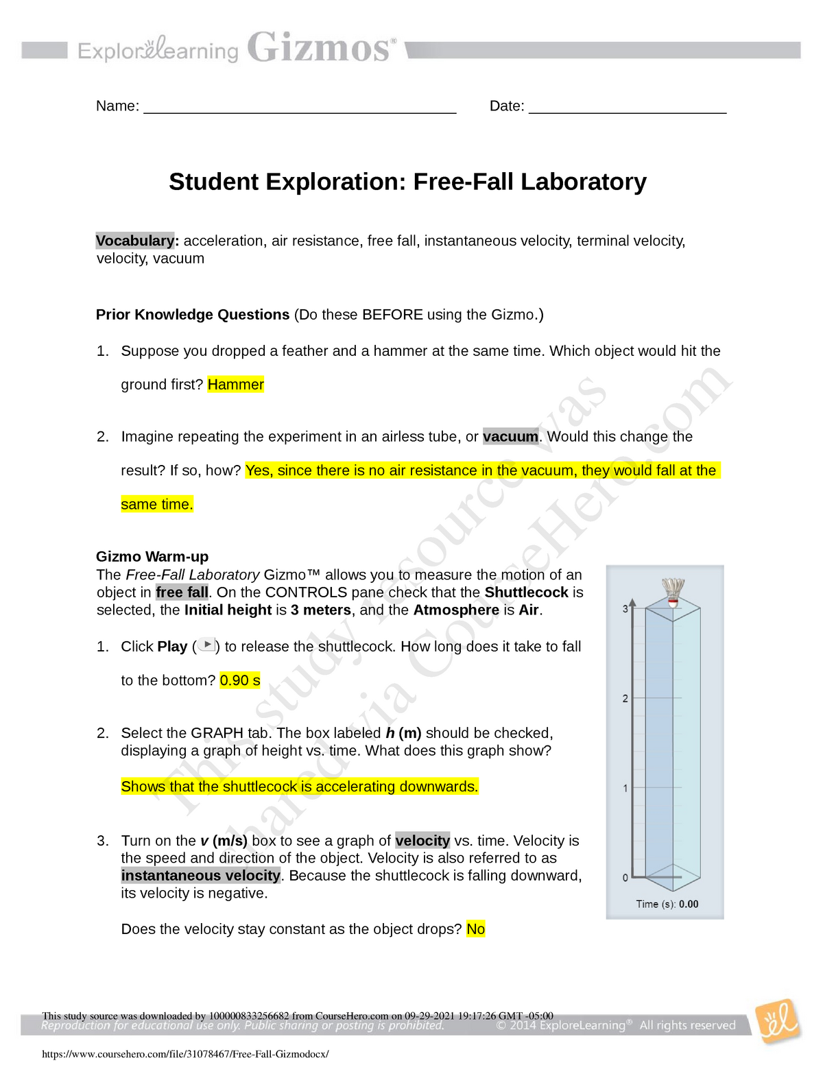 Free Fall Gizmo - ECN20 - Principles of Engineering Economics Inside Free Fall Worksheet Answers