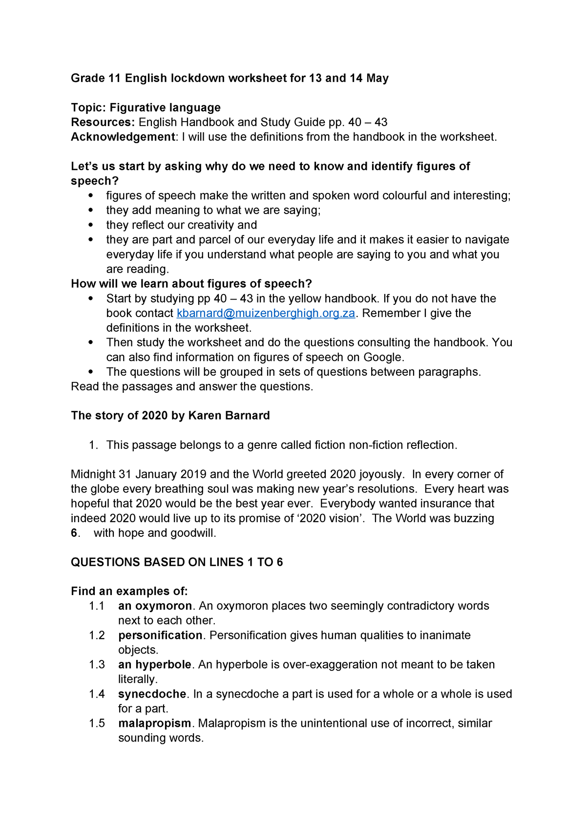 Grade 11 English lockdown worksheet for 13 and 14 May - Grade 11 ...