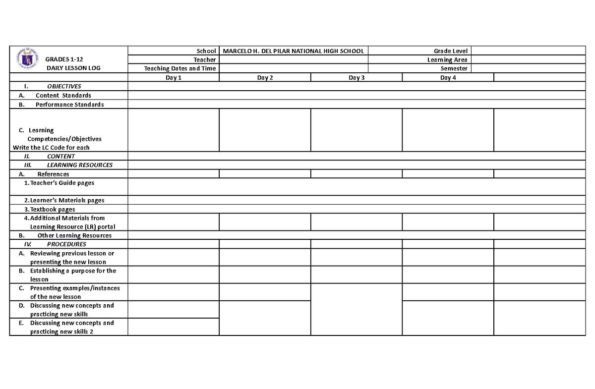 Dll-template - New Dll - Grades 1- Daily Lesson Log School Marcelo H 