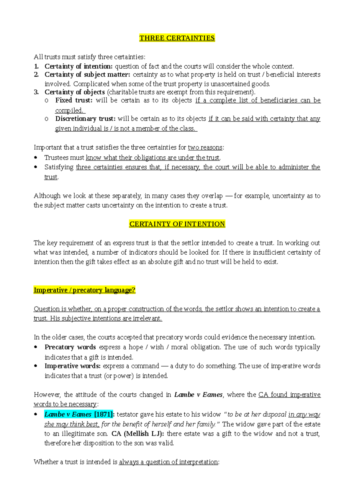 Certainties sample THREE CERTAINTIES All trusts must satisfy three