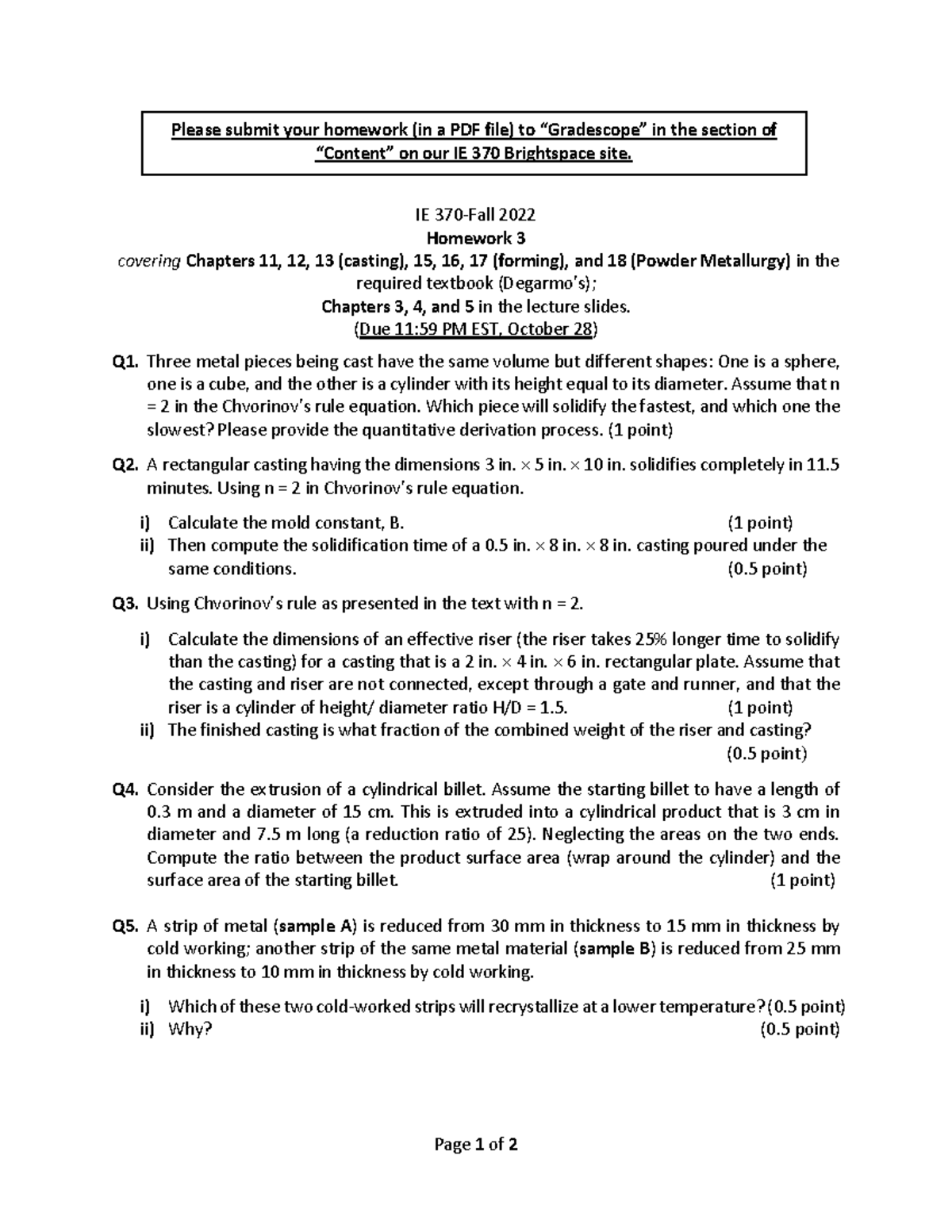 IE 370 Assignment3 - Page 1 of 2 IE 370-Fall 2022 Homework 3 covering ...