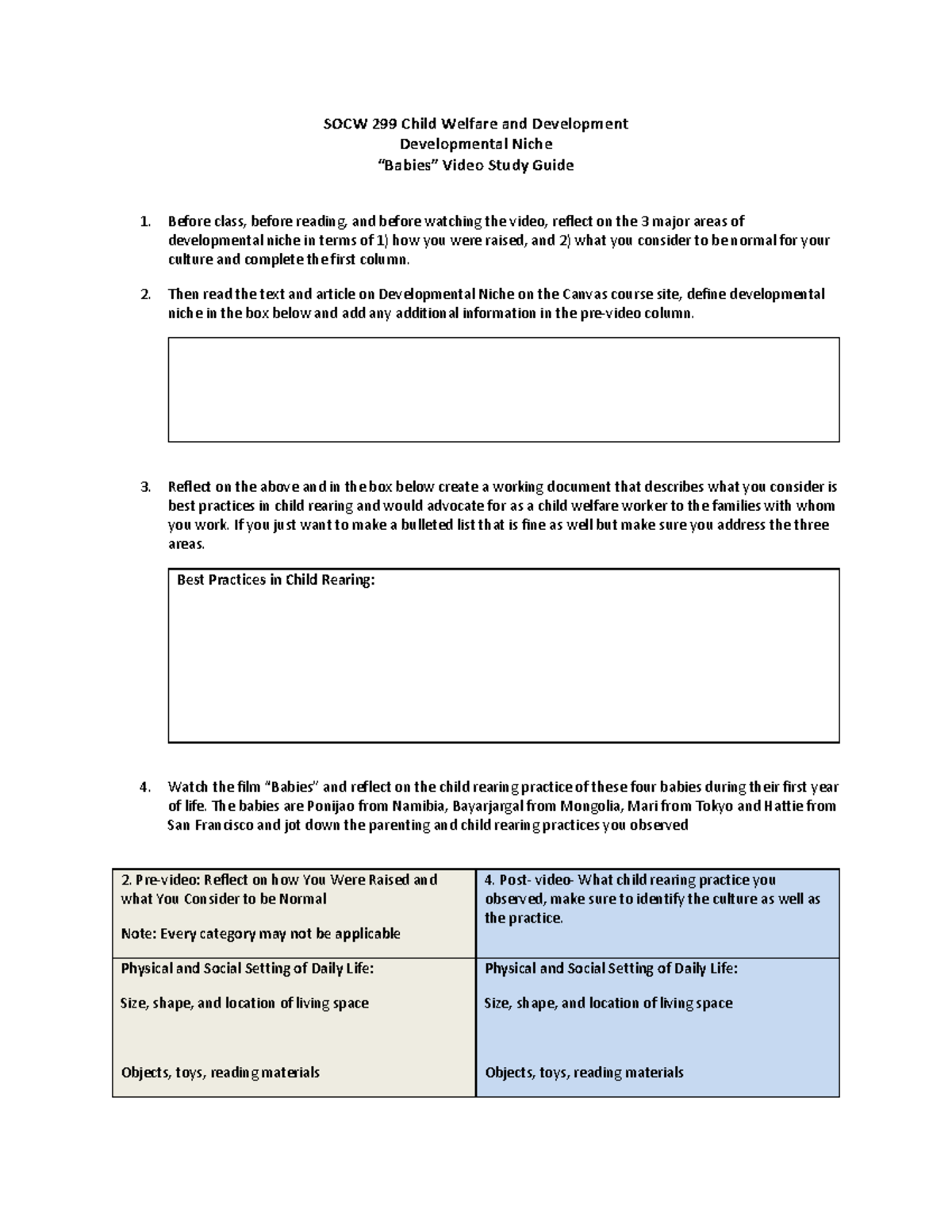 Babies worksheet - for class - SOCW 299 Child Welfare and Development ...