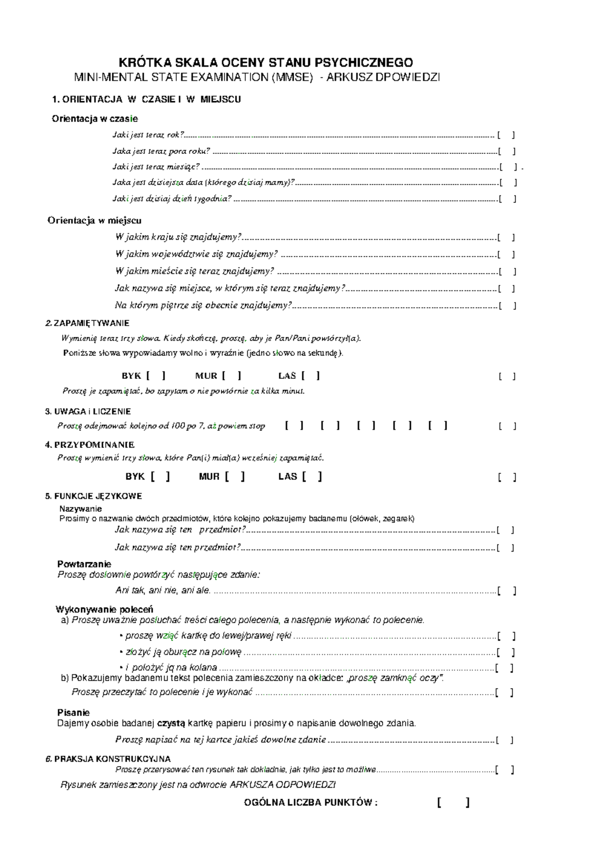 Mmse Teset Mmse Kr Tka Skala Oceny Stanu Psychicznego Mini Mental