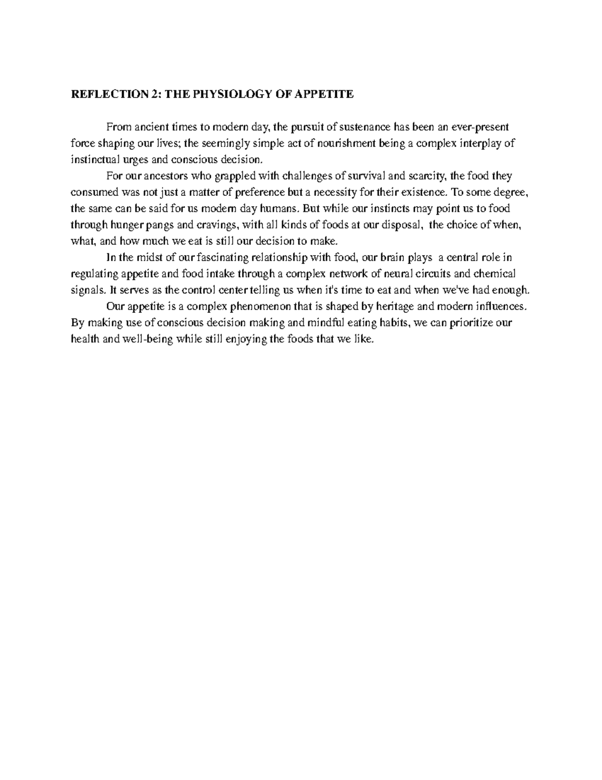 Reflection 2 The Physiology of Appetite - REFLECTION 2: THE PHYSIOLOGY ...