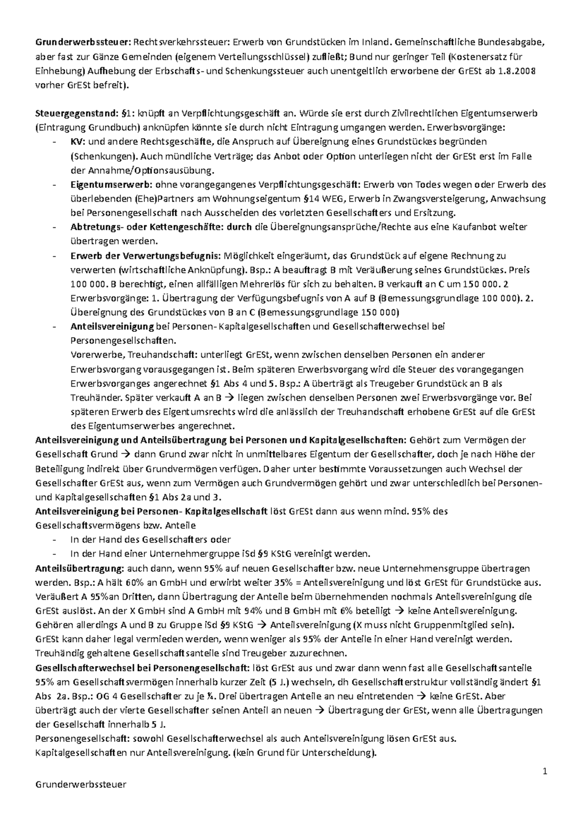 Gr ESt - Mitschrift - Grunderwerbssteuer: Rechtsverkehrssteuer: Erwerb ...