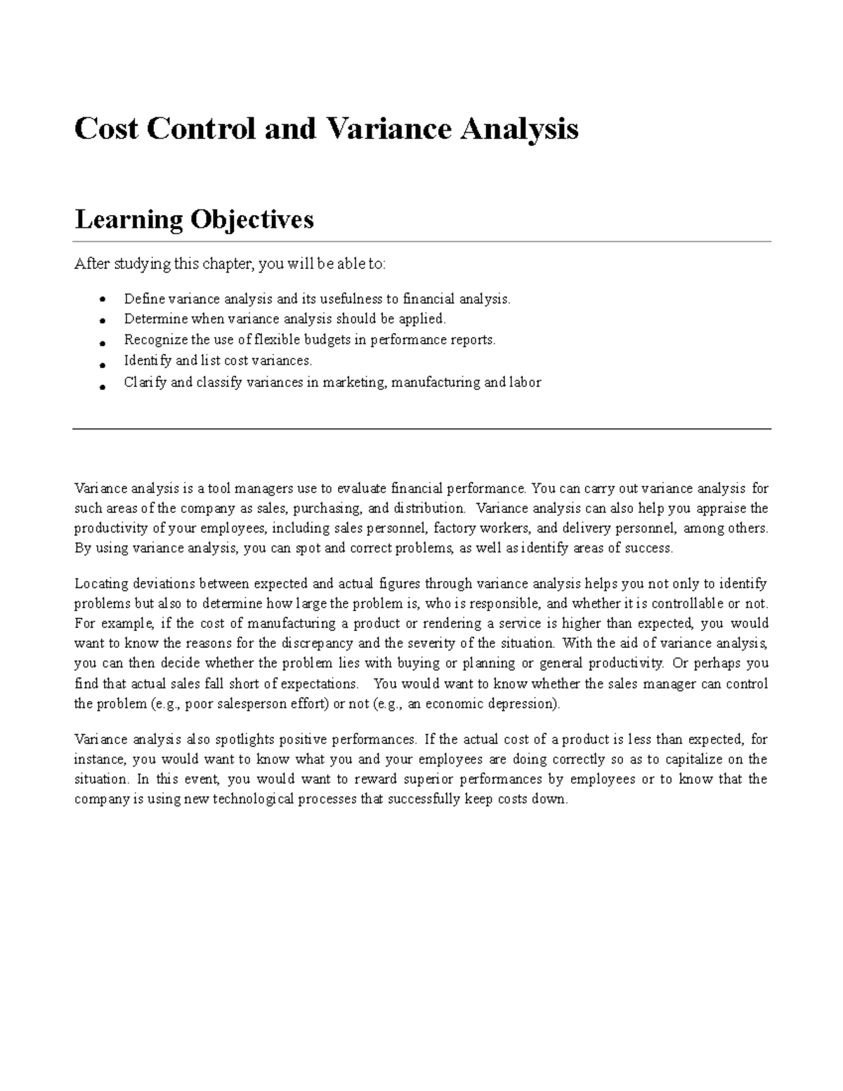 Cost Control and Variance Analysis - Cost Control and Variance Analysis ...