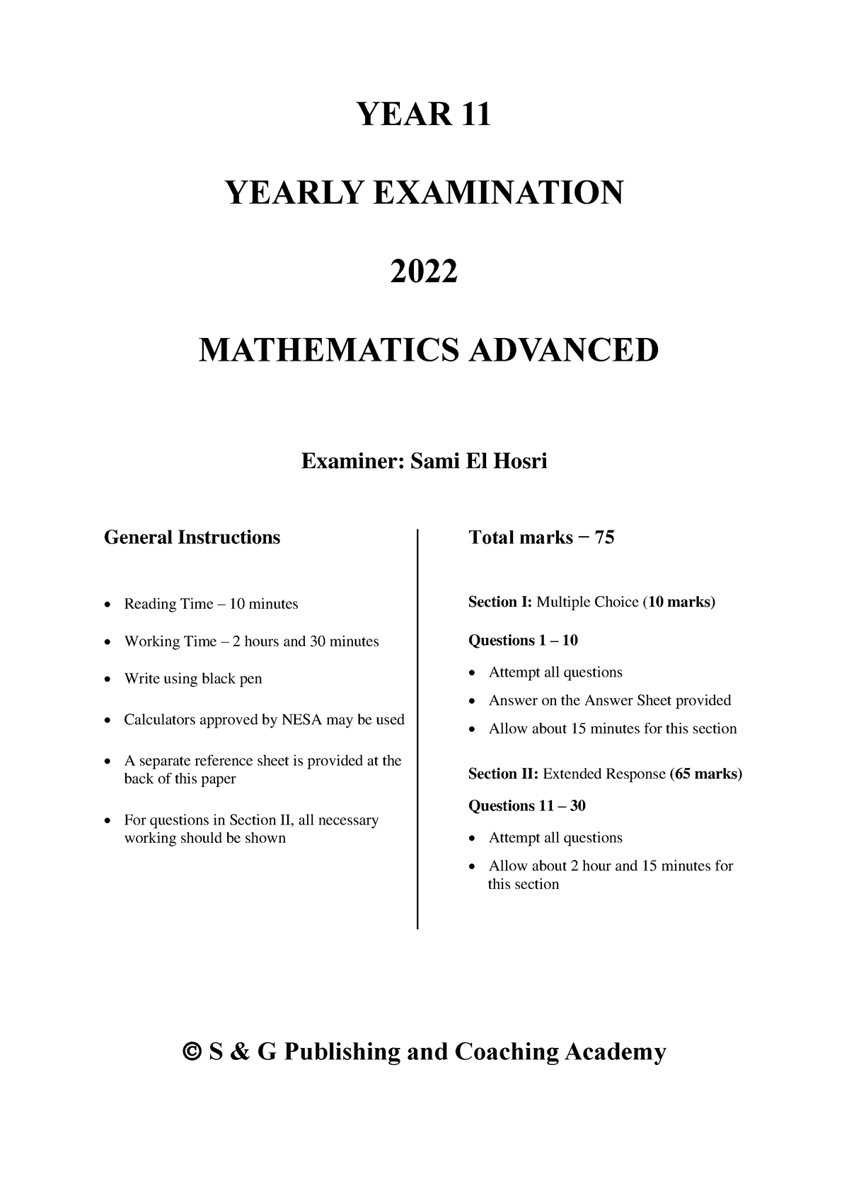 2022 yr 11 Mathematics Advanced Yearly - YEAR 11 YEARLY EXAMINATION ...