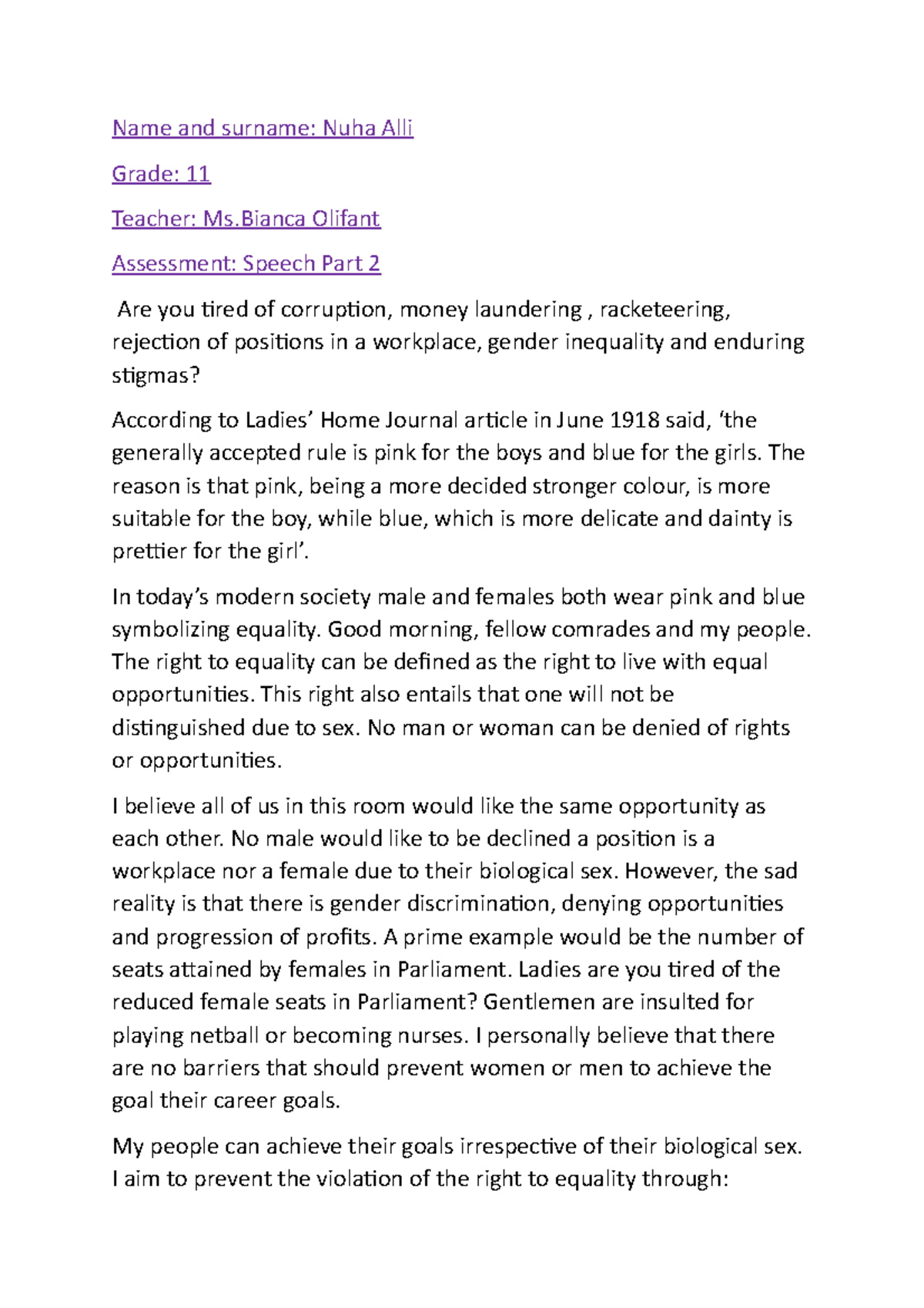 Right to equality - Description on how men and women should be treated ...
