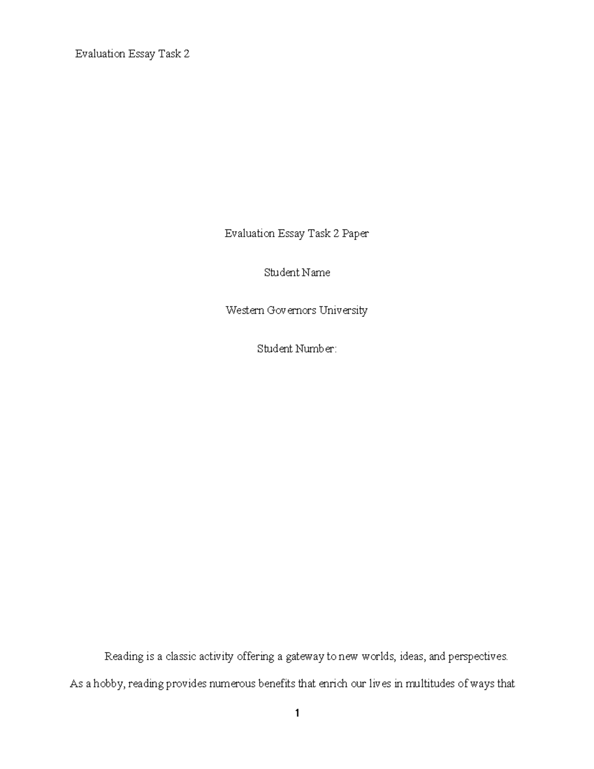 Task 2 Passed - Evaluation Essay Task 2 Paper Student Name Western ...