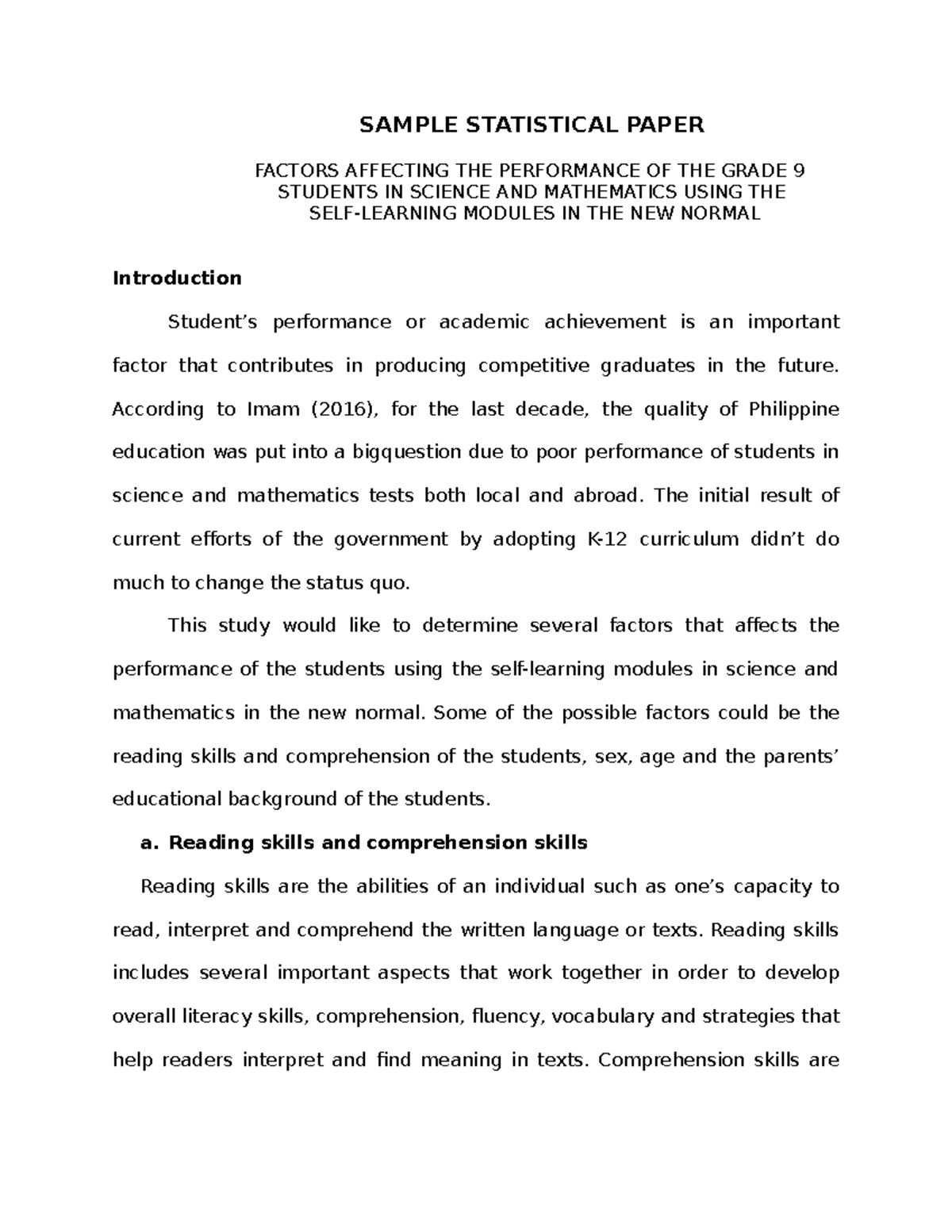 Introduction Statistical Paper SAMPLE STATISTICAL PAPER FACTORS