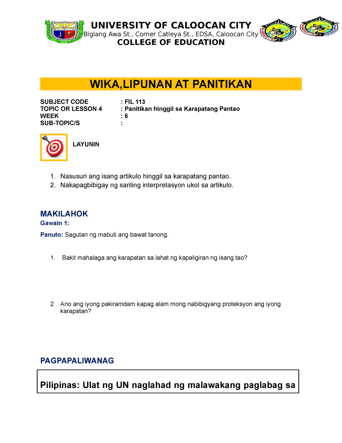 WEEK 6 Module Karapatang Pantao - Biglang Awa St., Corner Catleya St ...