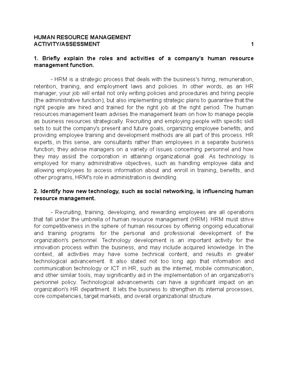 Activity 1 - HRM - HUMAN RESOURCE MANAGEMENT ACTIVITY/ASSESSMENT 1 1 ...