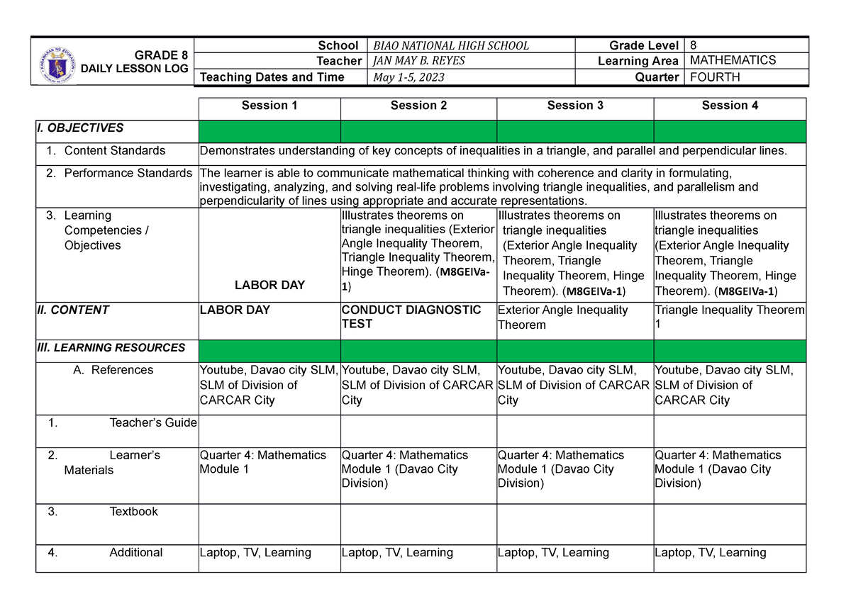 G8DLL Q4W1 LC01 - Daily Lesson Log - GRADE 8 DAILY LESSON LOG School ...