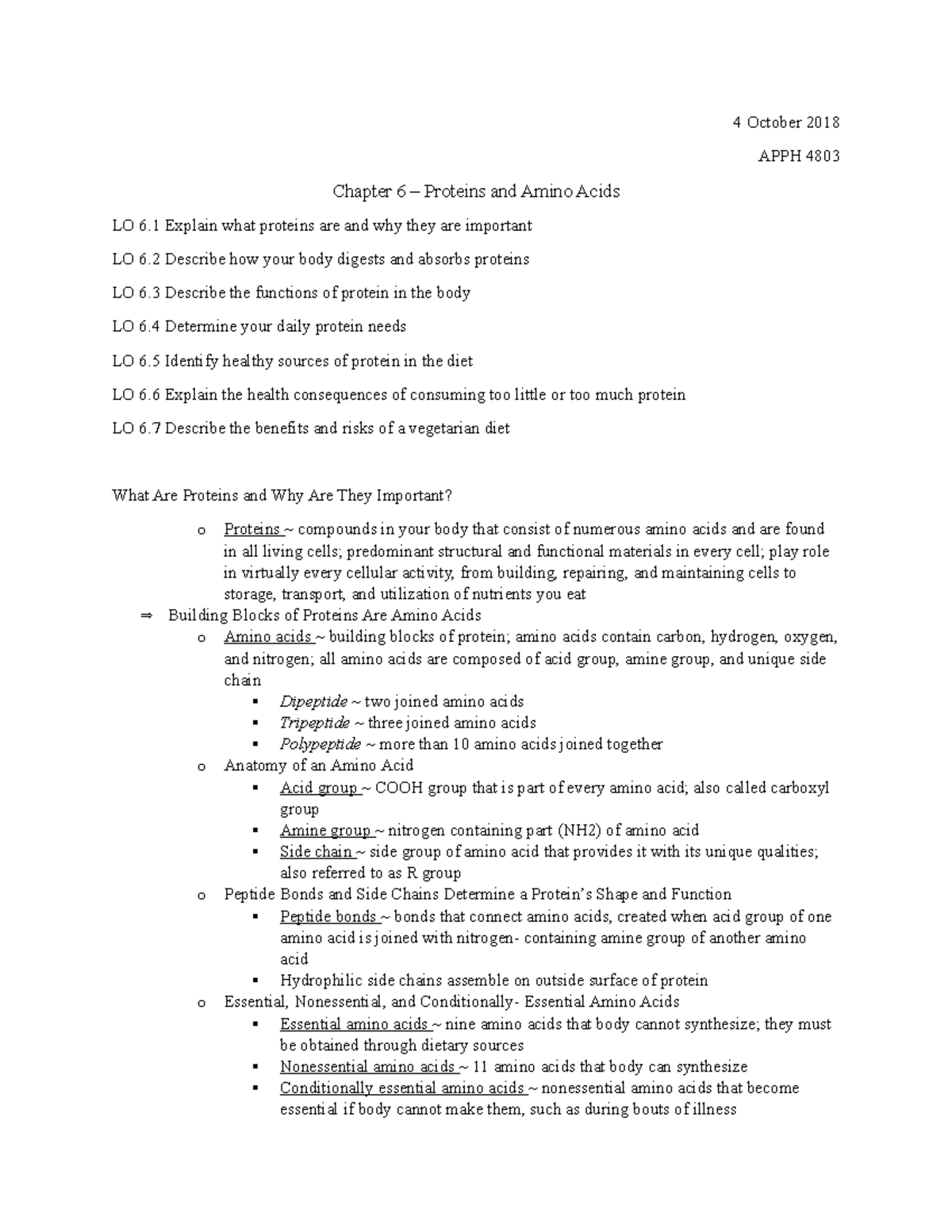 Chapter 6 Proteins and Amino Acids 4 October 2018 APPH 4803 Chapter 6 Proteins and Amino