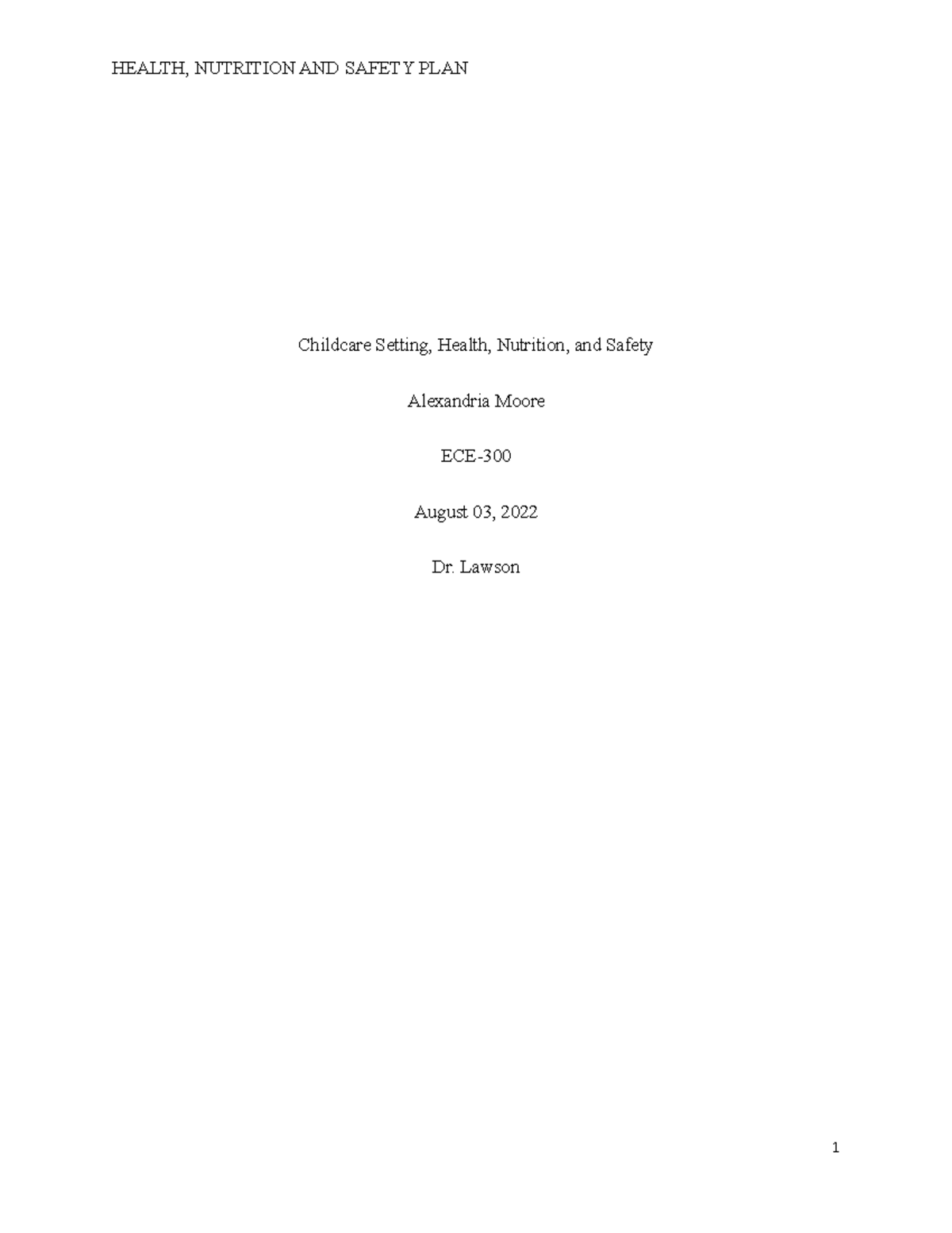 Health, Nutriton, and Safety Plan - Childcare Setting, Health ...