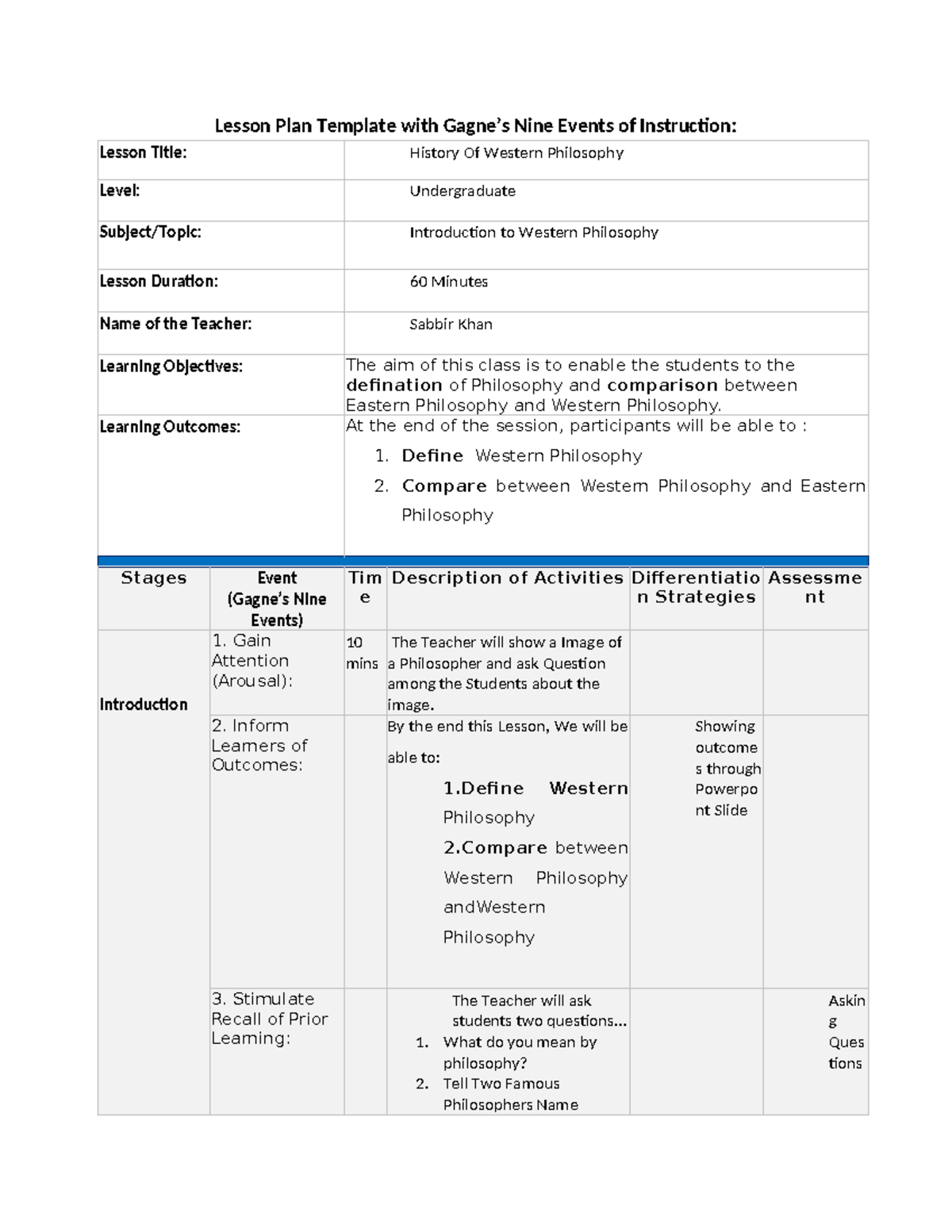 Lesson Plan Template with Gagne's Nine events - Learning Outcomes: At ...