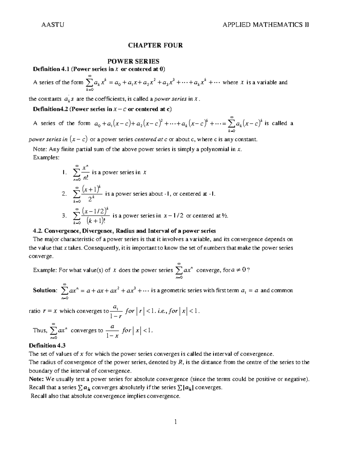 Chapter 4 (power series) for instructors CHAPTER FOUR POWER SERIES