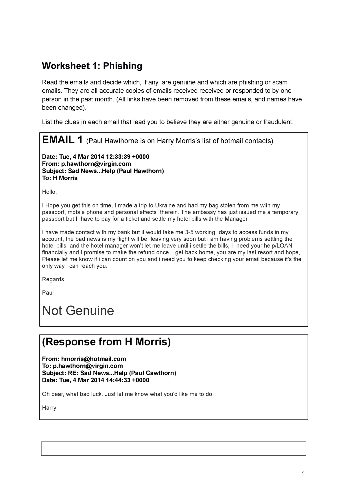 Worksheet 1 Phishing (e Saftey) - Worksheet 1: Phishing Read The Emails ...