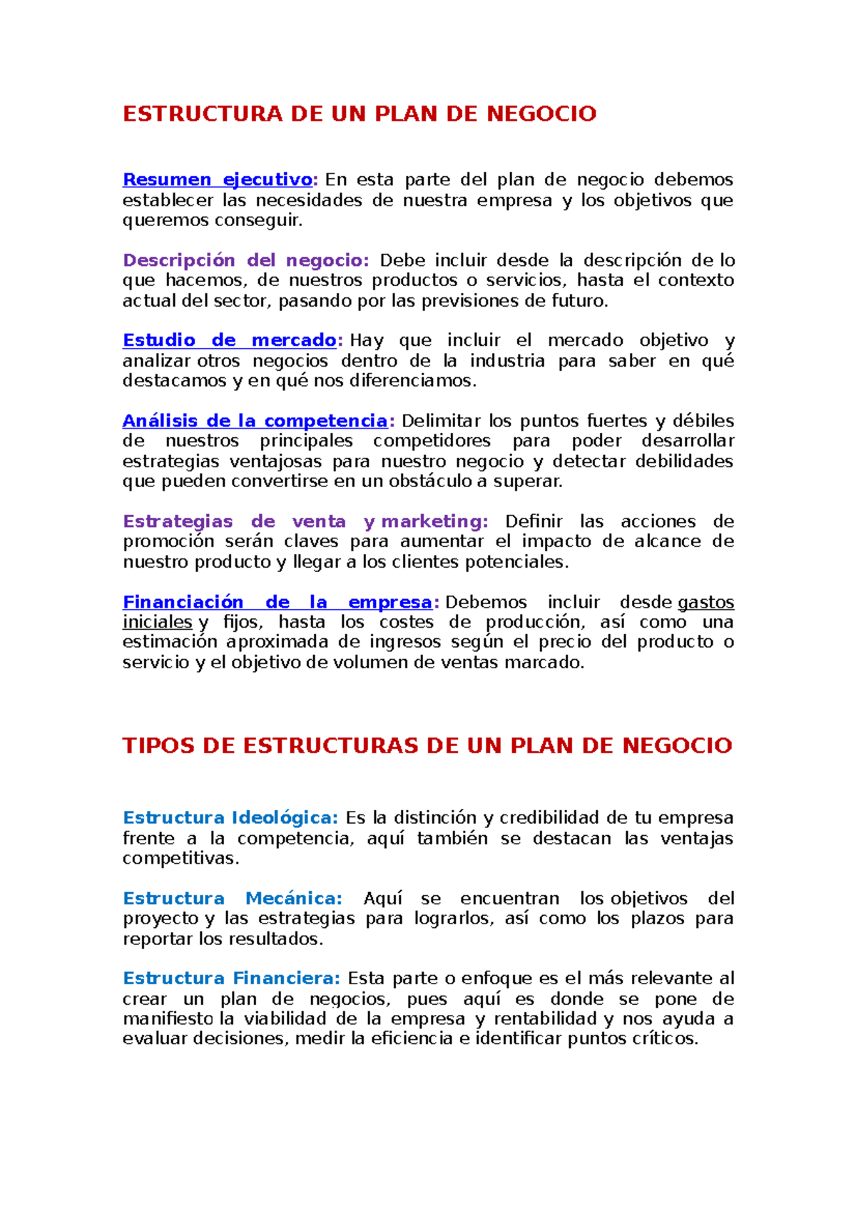 Estructura DE UN PLAN DE Negocio - ESTRUCTURA DE UN PLAN DE NEGOCIO ...