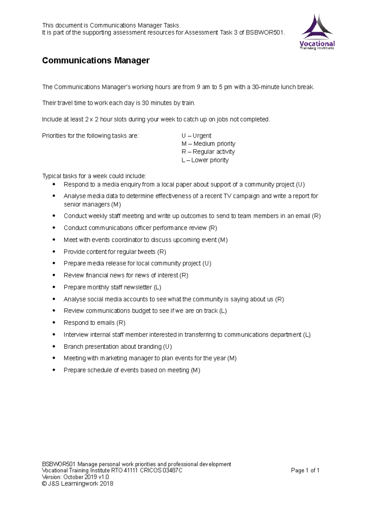 Communications Manager Tasks It Is Part Of The Supporting Assessment