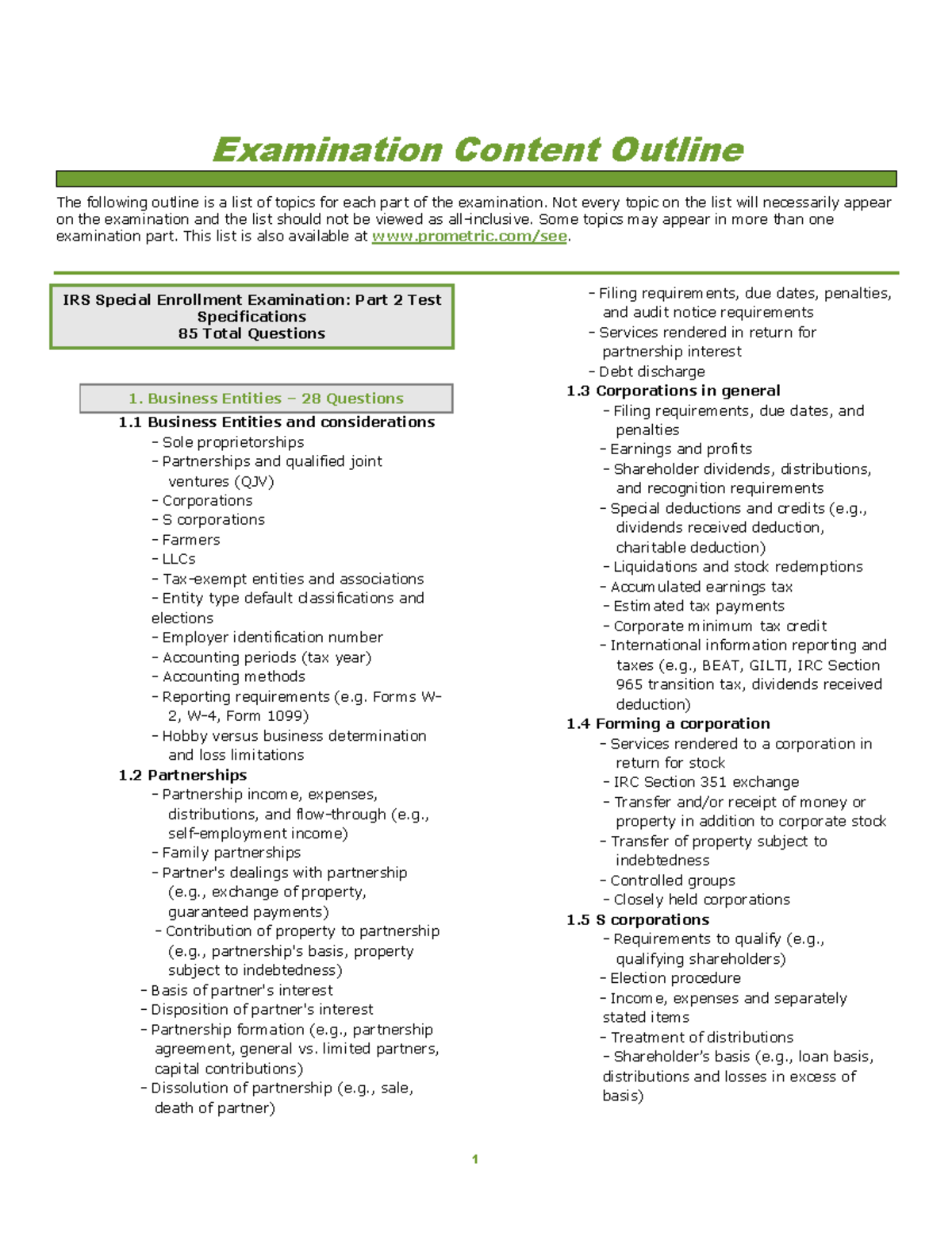IRS Exam Content SEE Part2 - 1 Examination Content Outline The ...