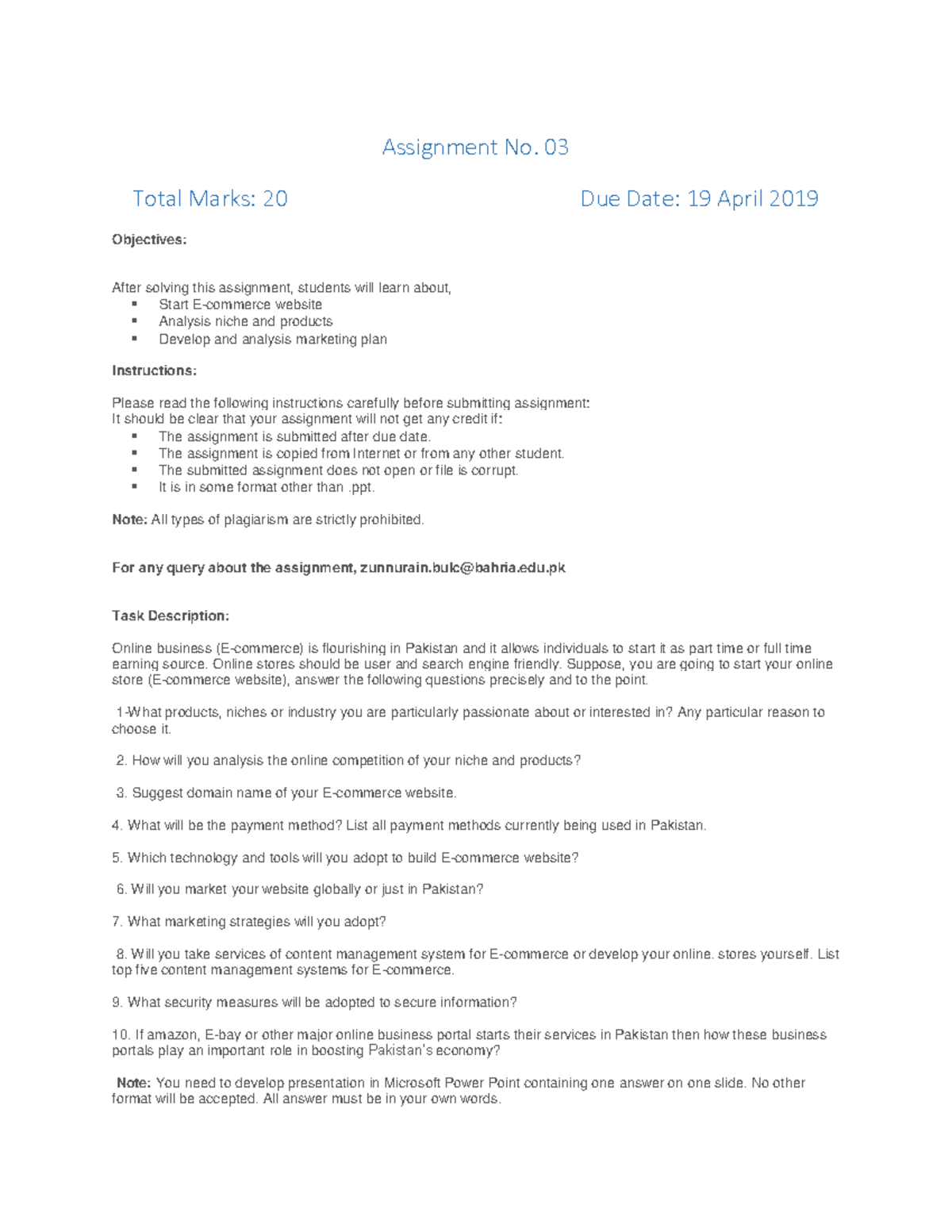 Assignment No 3 Spring 2019 - Assignment No. 03 Total Marks: 20 Due ...