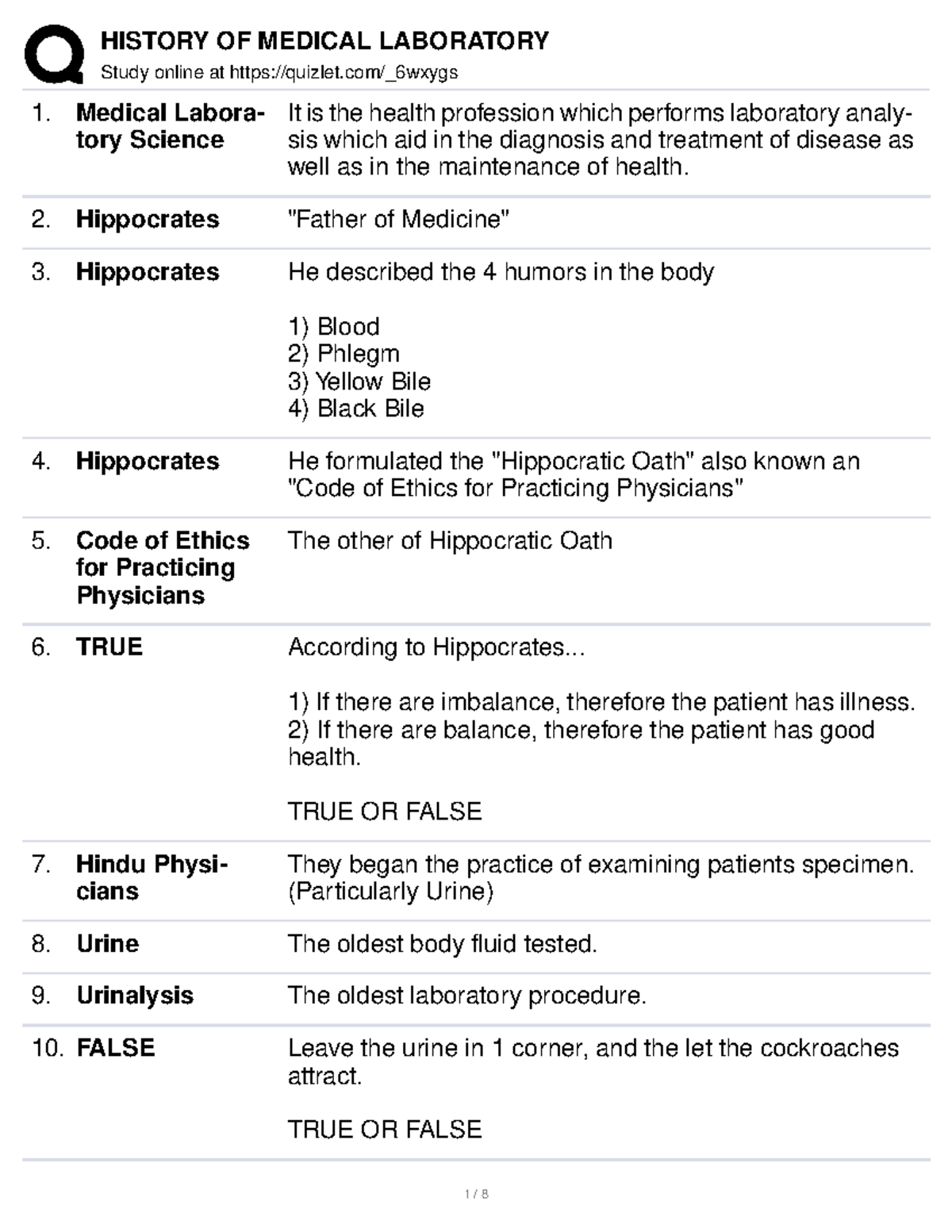 History OF Medical Laboratory Study online at quizlet/_6wxygs Medical