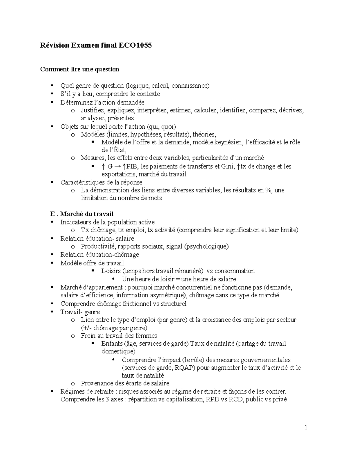 Sujets final - Notes de cours 1-12 - Révision Examen final ECO Comment ...