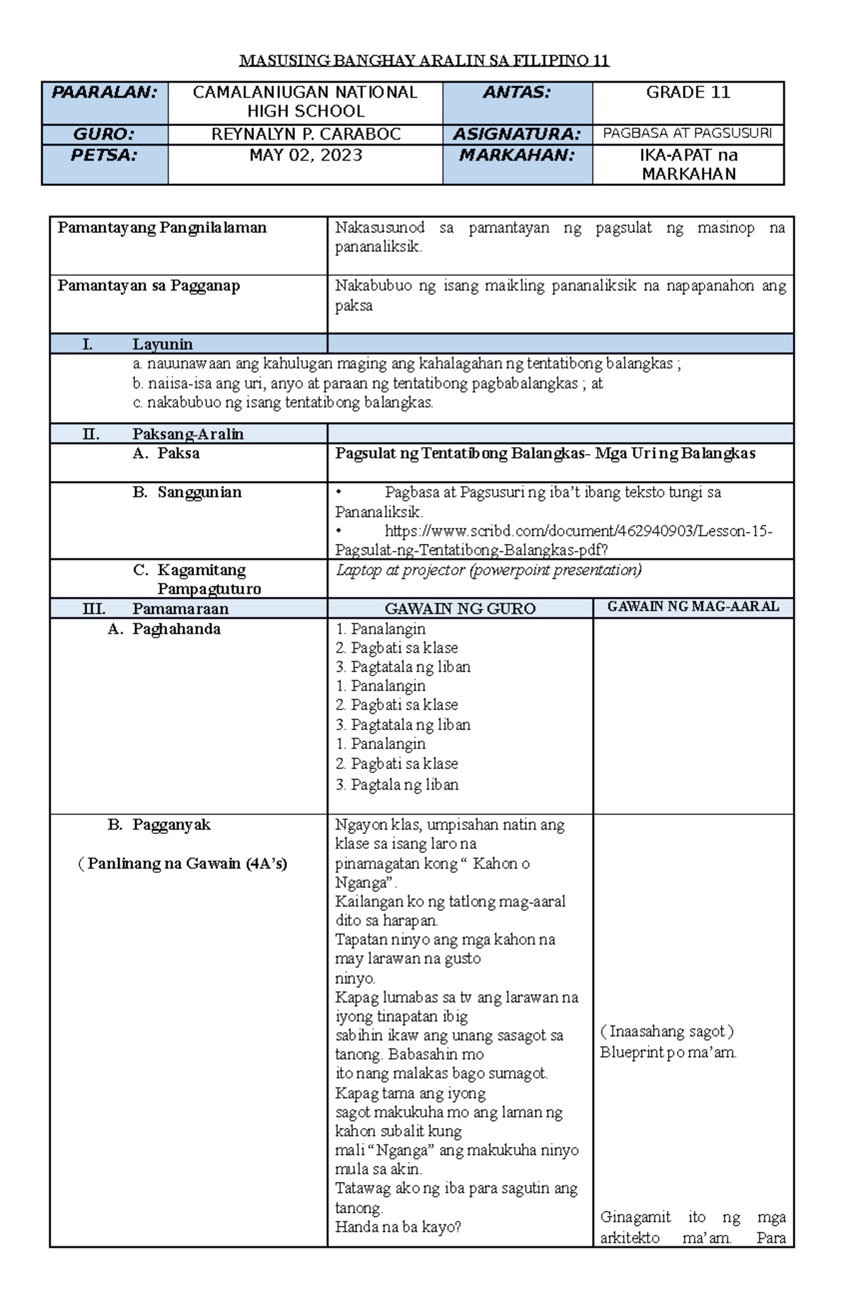 Detailed Lesson Plan In Filipino Masusing Banghay Aralin Sa F Nbkomputer 3936