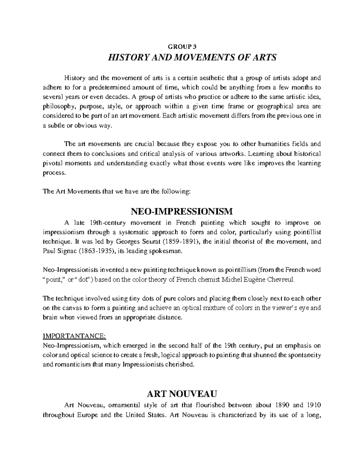 Group 3 History AND Movements OF ARTS GROUP 3 HISTORY AND MOVEMENTS