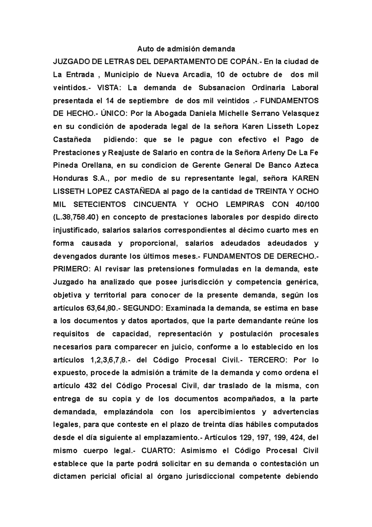 Admision - hdgfjkfjk - Auto de admisión demanda JUZGADO DE LETRAS DEL ...