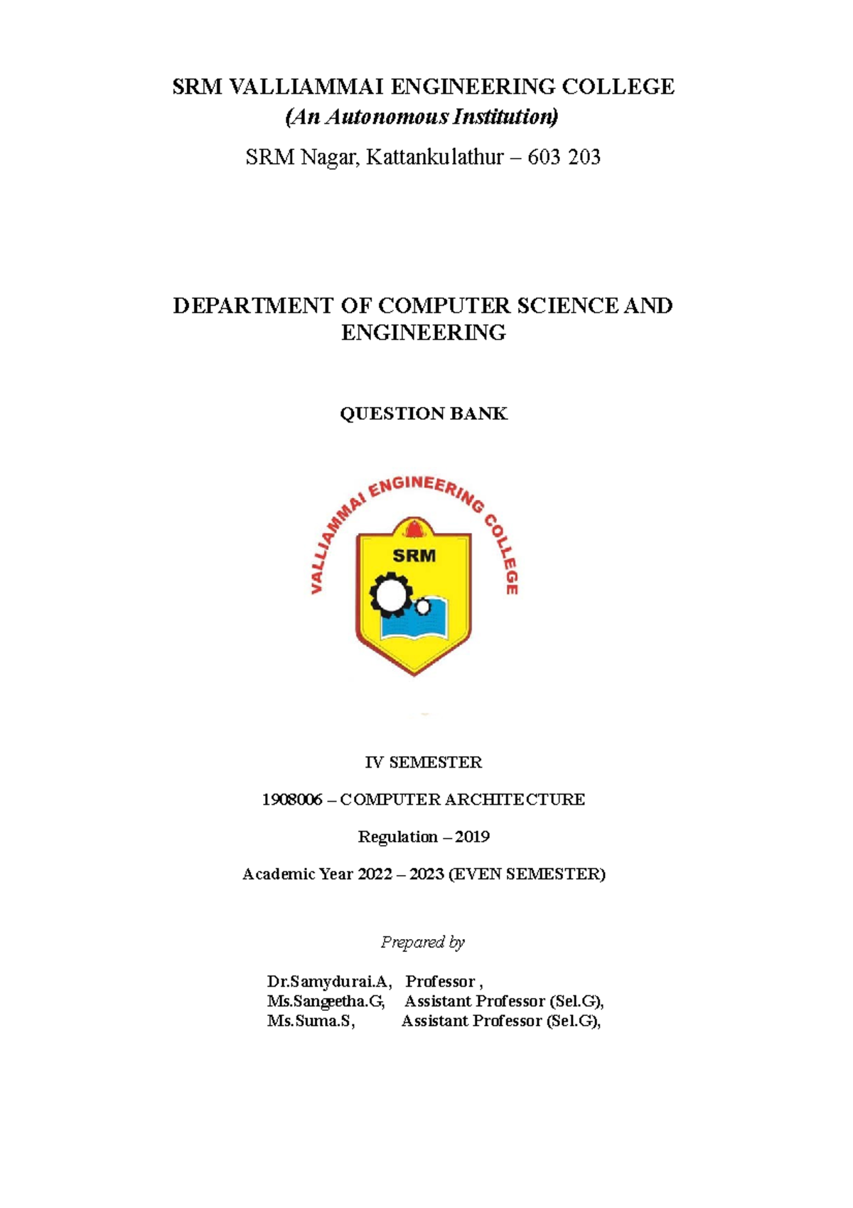 1908006-computer-architecture QB 2022-23 - SRM VALLIAMMAI ENGINEERING ...