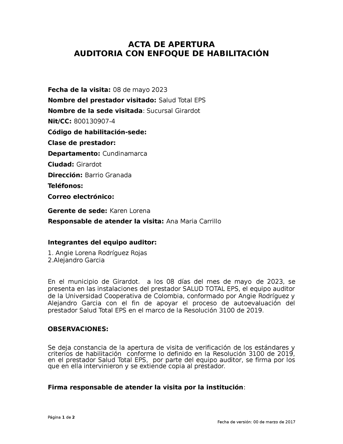 Acta De Apertura Ejemplo Acta De Apertura Auditoria Con Enfoque De