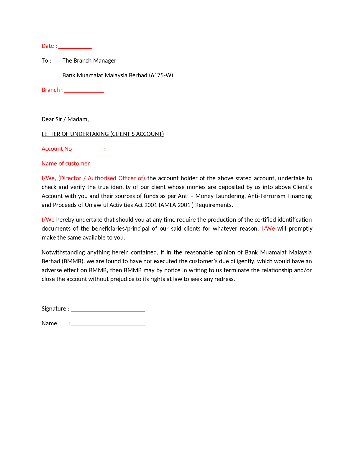 Letter of undertaking - client acc - Date : To : The Branch Manager ...