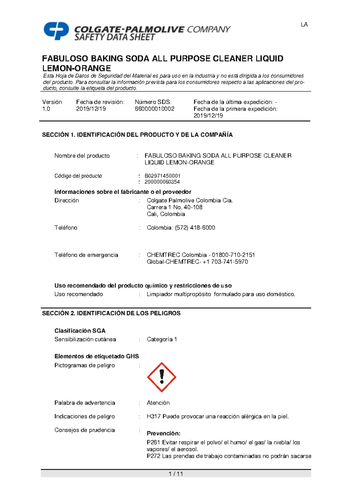 MSDS Ajax Bicarbonato NaranjaLimón Batch FABULOSO BAKING SODA ALL