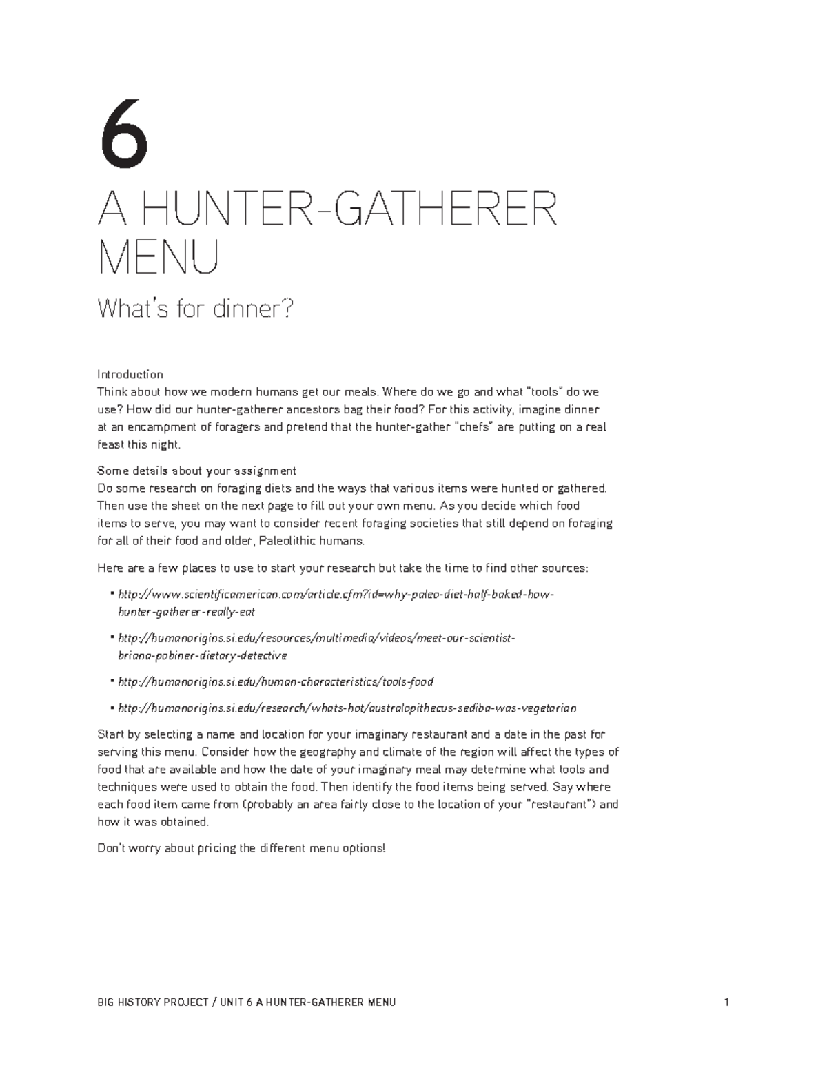 Cassidy Hamilton Hunter and Gatherer menu BIG HISTORY PROJECT