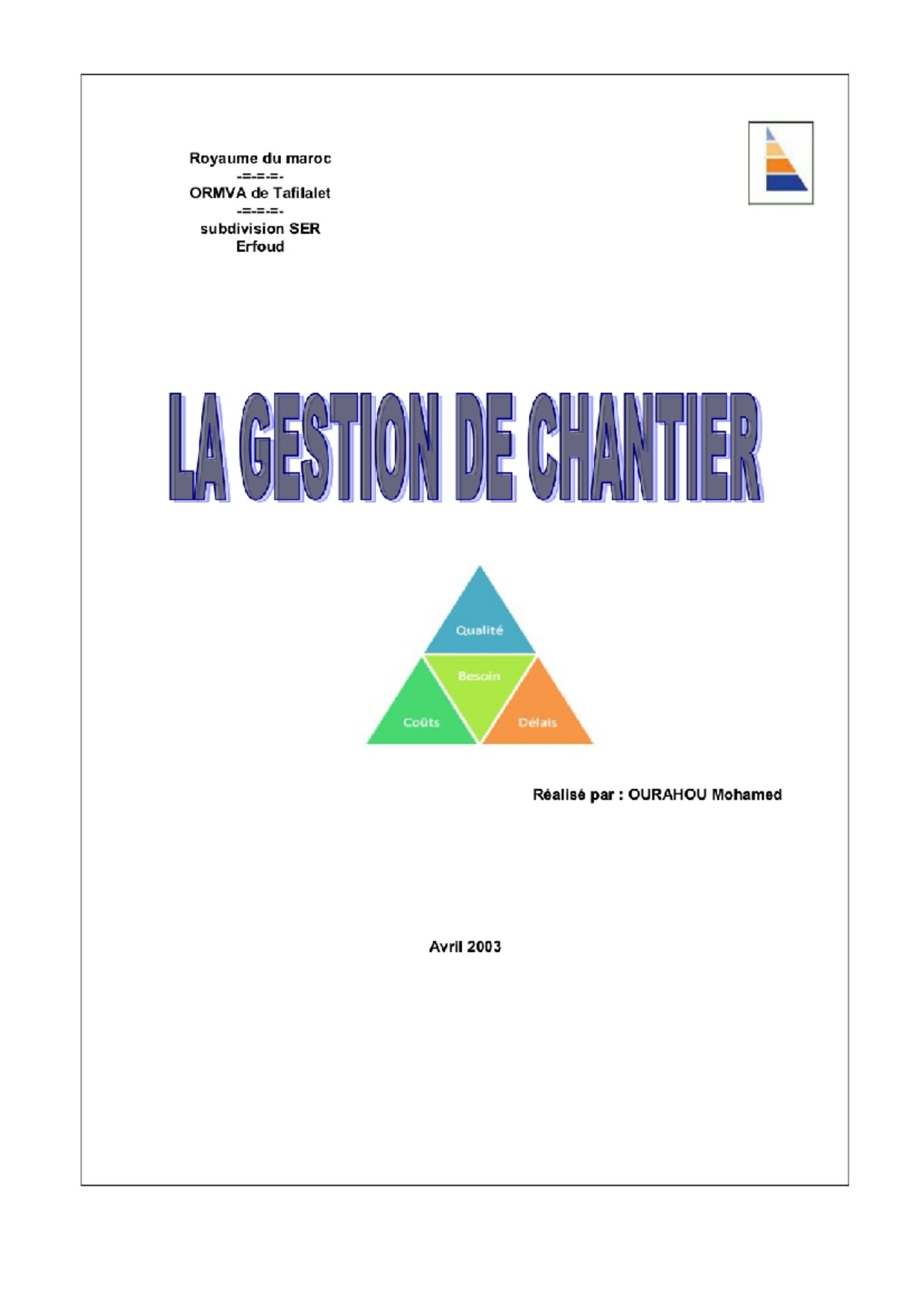 Gestion De Chantier - Conduite d'un chantier BTP - Studocu