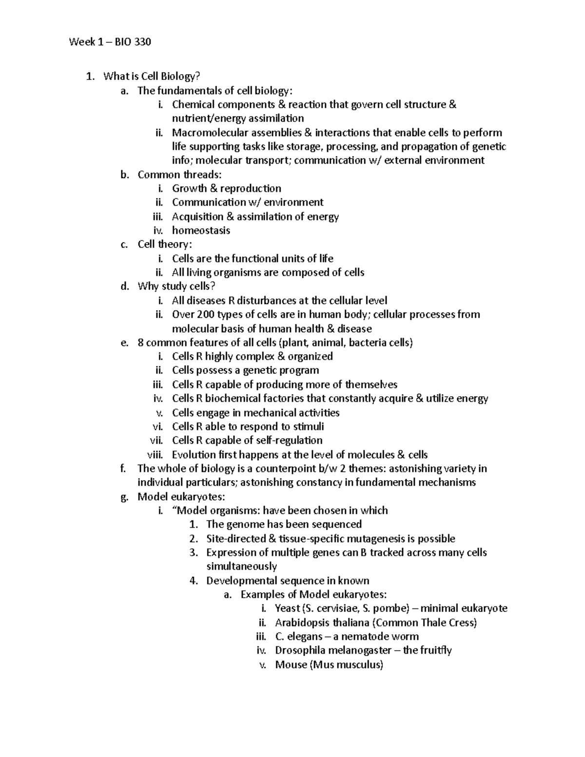 Intro to Cell BIO Week 1 Notes PPT Week 1 BIO 330 What is Cell