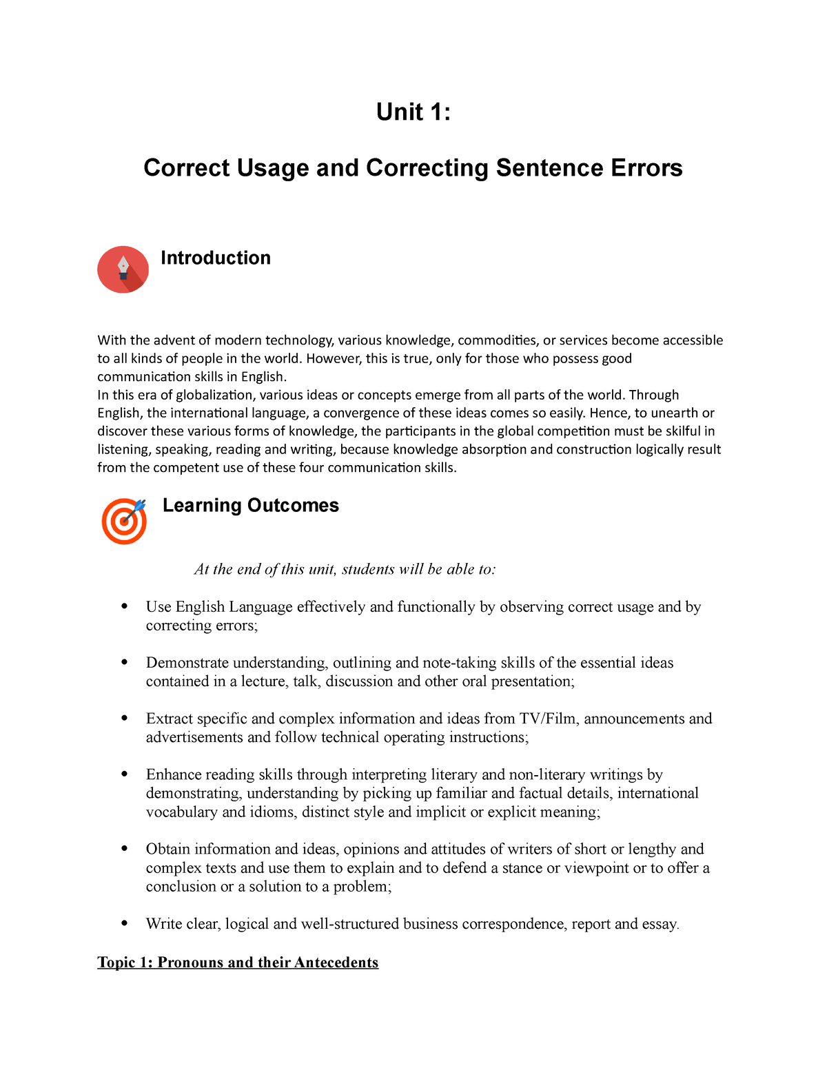 ELP 1 Topic 1 - English language and proficiency - Unit 1: Correct ...