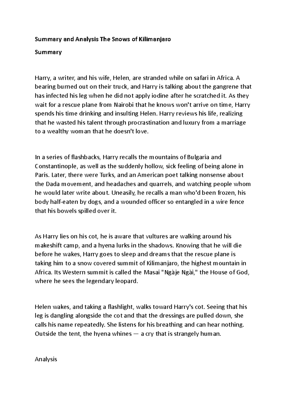 Summary and Analysis The Snows of Kilimanjaro Summary and Analysis