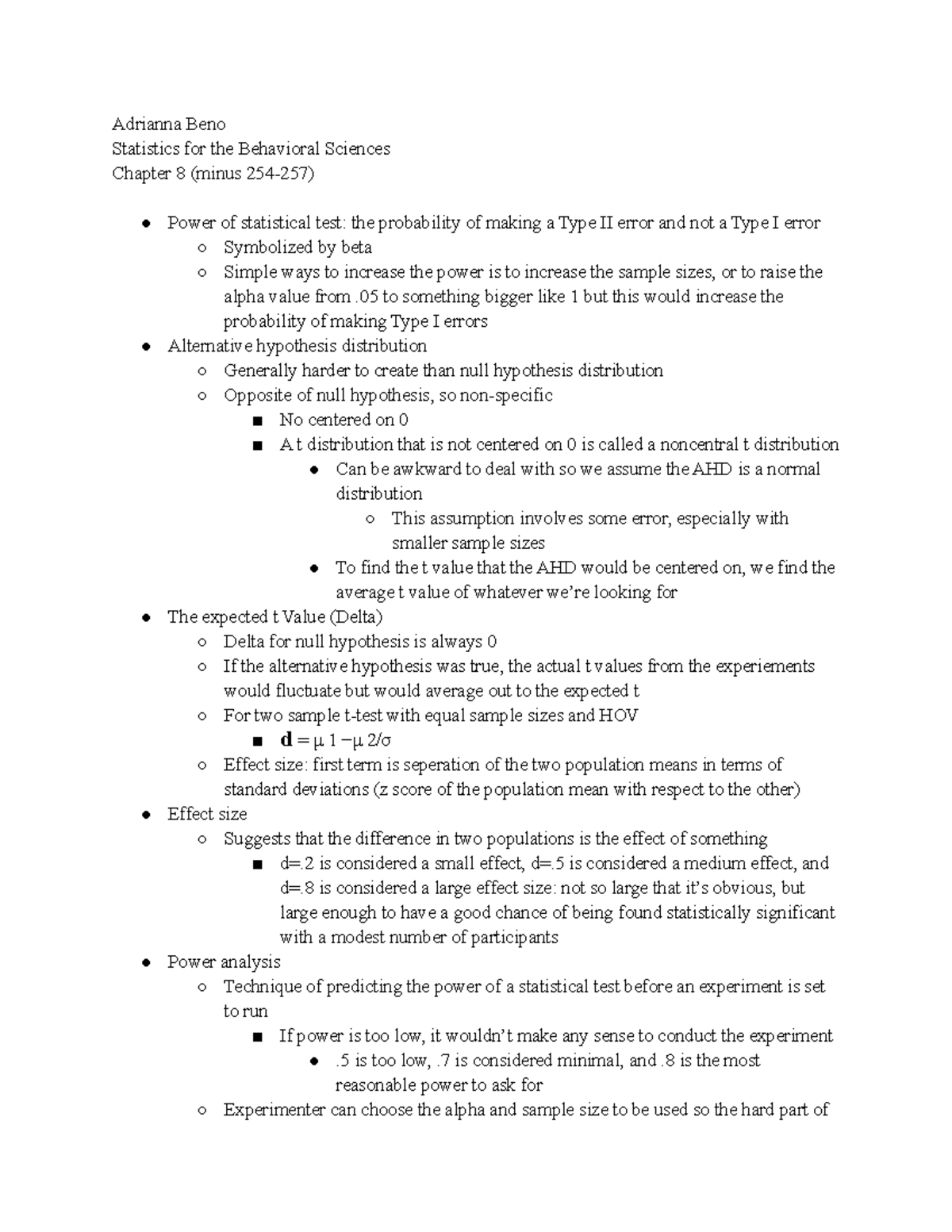 Chapter 8 notes - Adrianna Beno Statistics for the Behavioral Sciences ...