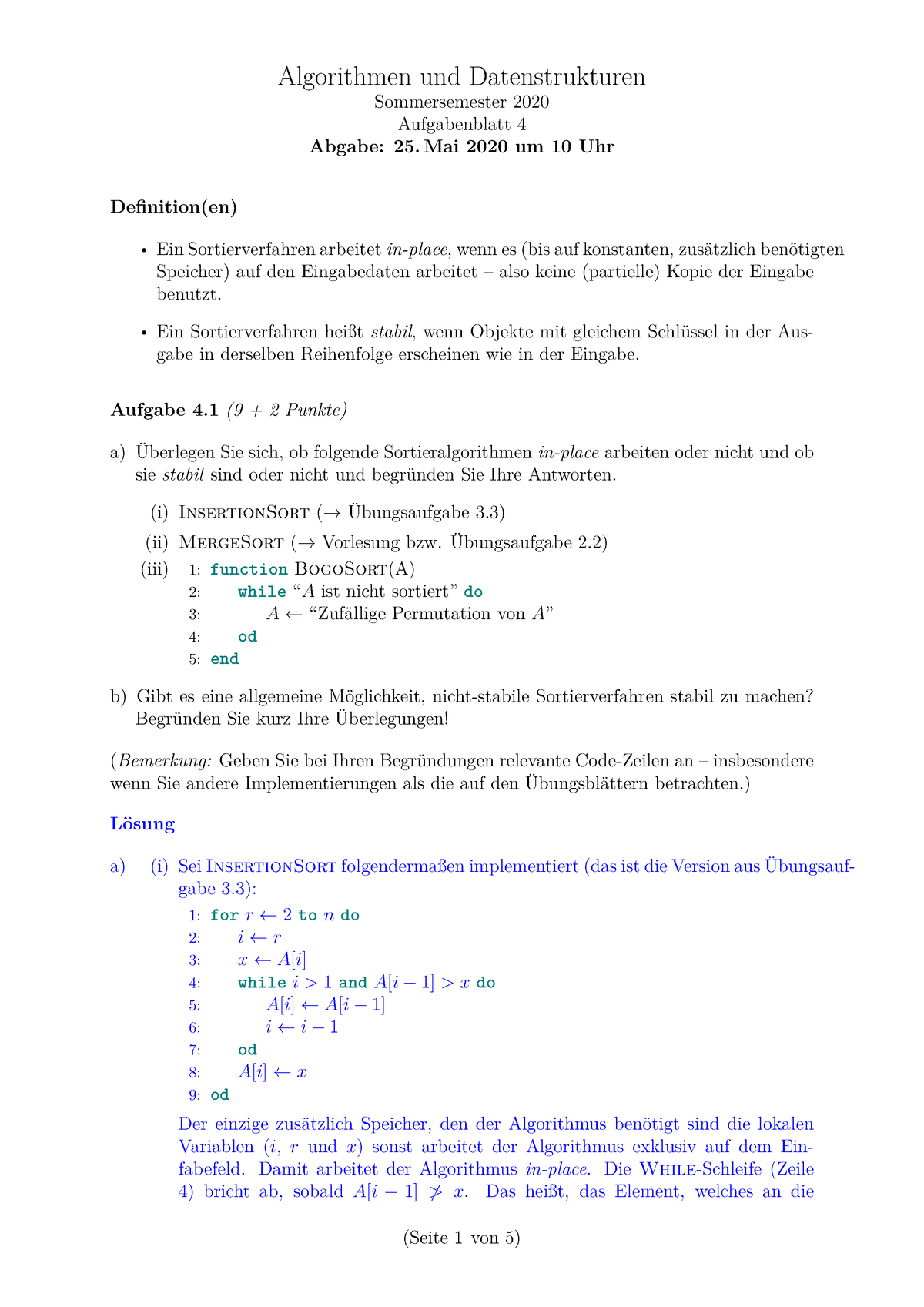 Lösung Uebung 4 - Algorithmen Und Datenstrukturen Sommersemester 2020 ...